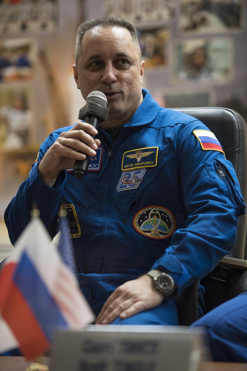 Expedition 54 Soyuz Commander Anton Shkaplerov of Roscosmos answers a questions during a press conference, Saturday, Dec. 16, 2017 at the Cosmonaut Hotel in Baikonur, Kazakhstan. Shkaplerov, flight engineer Scott Tingle of NASA, and flight engineer Norishige Kanai of the Japan Aerospace Exploration Agency (JAXA) are scheduled to launch to the International Space Station aboard the Soyuz spacecraft from the Baikonur Cosmodrome on December 17.  Photo Credit: (NASA/Joel Kowsky)