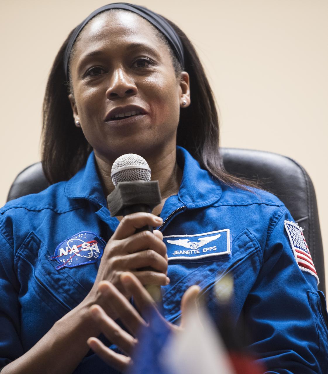 Expedition 54 backup crew member Jeanette Epps of NASA answers a question during a press conference, Saturday, Dec. 16, 2017 at the Cosmonaut Hotel in Baikonur, Kazakhstan. Expedition 54 prime crew members Soyuz Commander Anton Shkaplerov of Roscosmos, flight engineer Scott Tingle of NASA, and flight engineer Norishige Kanai of the Japan Aerospace Exploration Agency (JAXA) are scheduled to launch to the International Space Station aboard the Soyuz spacecraft from the Baikonur Cosmodrome on December 17. Photo Credit: (NASA/Joel Kowsky)