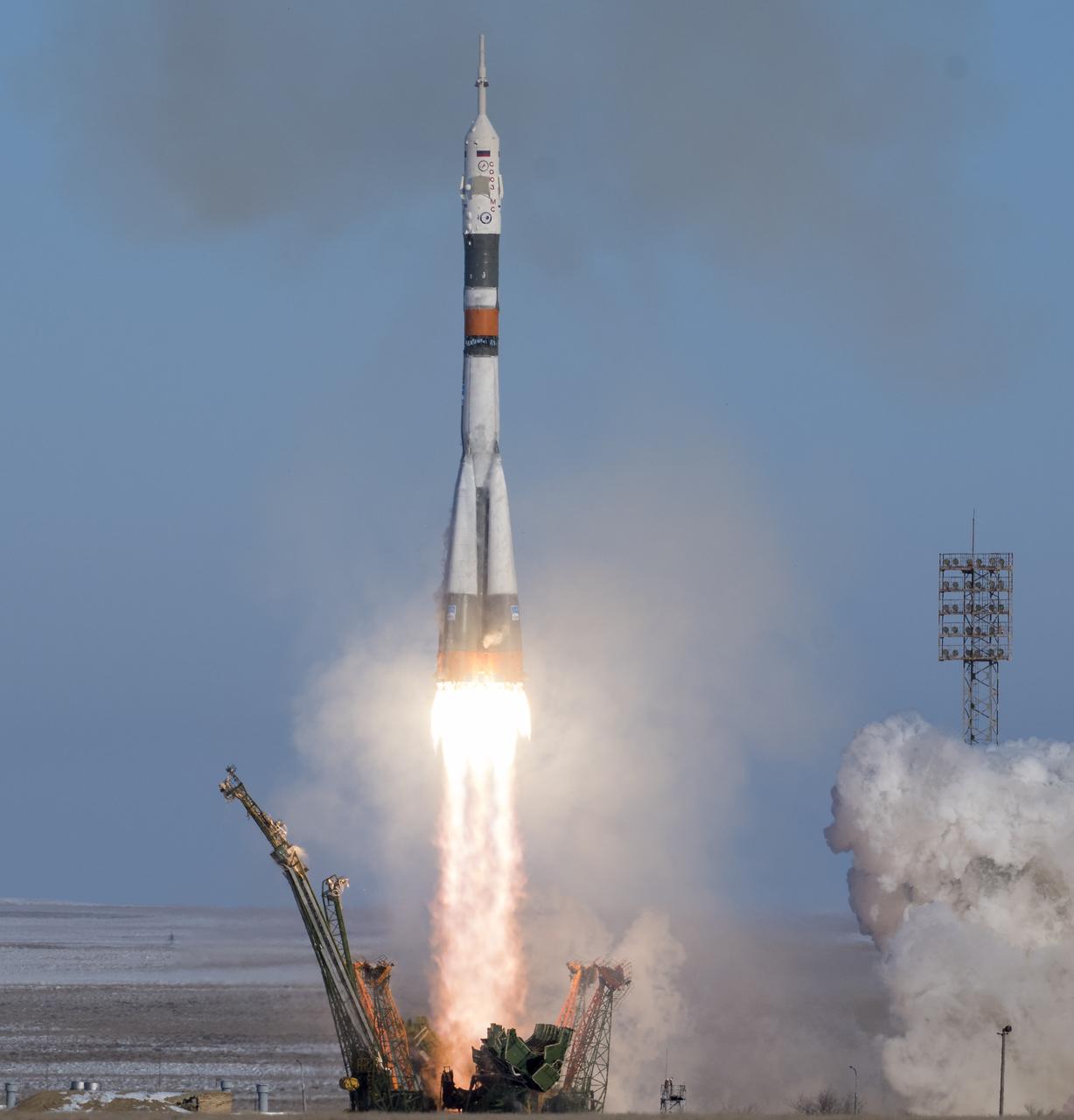 The Soyuz MS-07 rocket is launched with Expedition 54 Soyuz Commander Anton Shkaplerov of Roscosmos, flight engineer Scott Tingle of NASA, and flight engineer Norishige Kanai of Japan Aerospace Exploration Agency (JAXA), Sunday, Dec. 17, 2017 at the Baikonur Cosmodrome in Kazakhstan. Shkaplerov, Tingle, and Kanai will spend the next five months living and working aboard the International Space Station. Photo Credit: (NASA/Joel Kowsky)