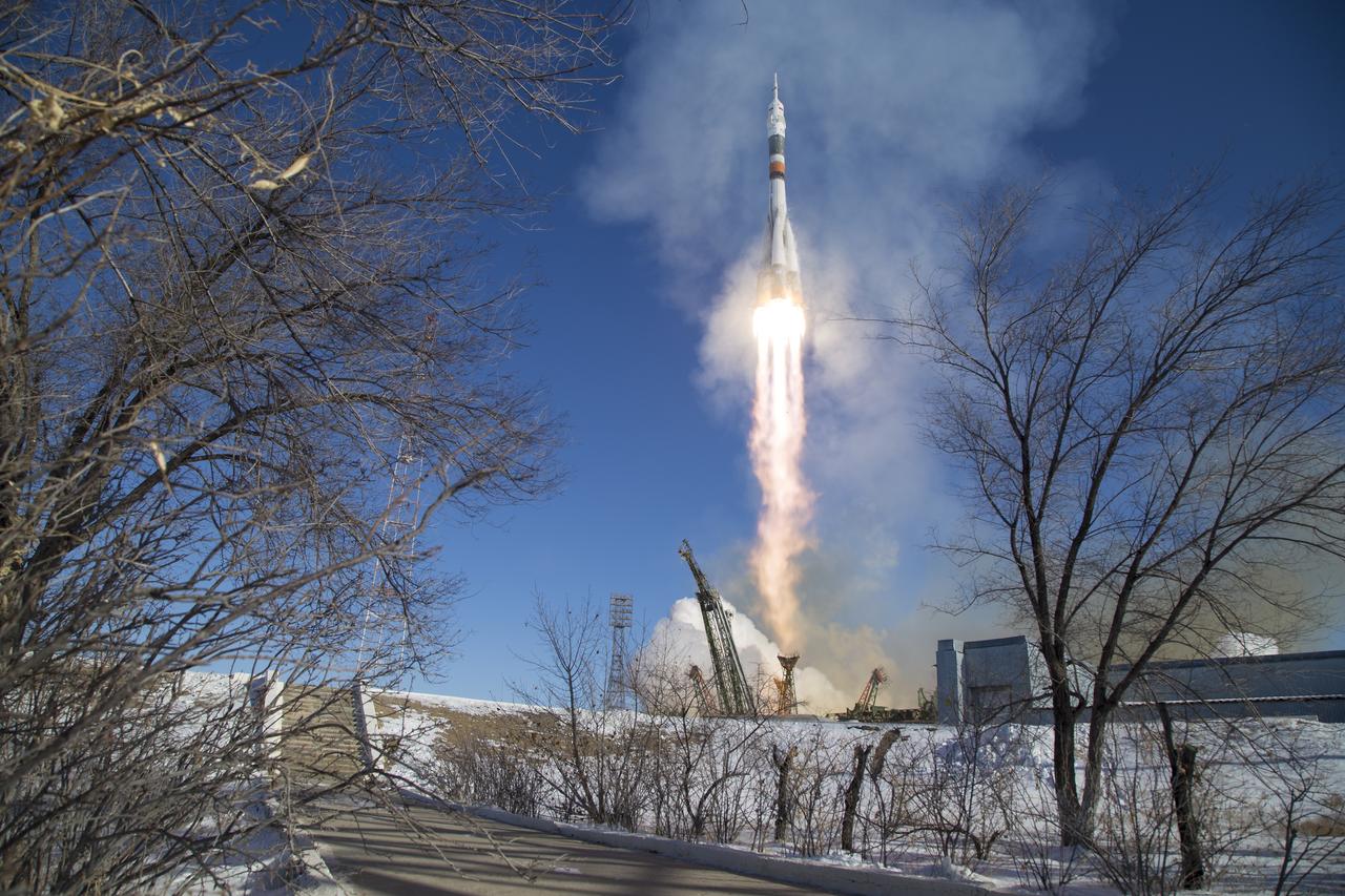 The Soyuz MS-07 rocket is launched with Expedition 54 Soyuz Commander Anton Shkaplerov of Roscosmos, flight engineer Scott Tingle of NASA, and flight engineer Norishige Kanai of Japan Aerospace Exploration Agency (JAXA), Sunday, Dec. 17, 2017 at the Baikonur Cosmodrome in Kazakhstan. Shkaplerov, Tingle, and Kanai will spend the next five months living and working aboard the International Space Station.  Photo Credit: (NASA/Joel Kowsky)