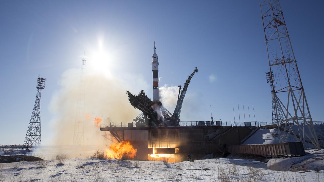 The Soyuz MS-07 rocket is launched with Expedition 54 Soyuz Commander Anton Shkaplerov of Roscosmos, flight engineer Scott Tingle of NASA, and flight engineer Norishige Kanai of Japan Aerospace Exploration Agency (JAXA), Sunday, Dec. 17, 2017 at the Baikonur Cosmodrome in Kazakhstan. Shkaplerov, Tingle, and Kanai will spend the next five months living and working aboard the International Space Station.  Photo Credit: (NASA/Joel Kowsky)