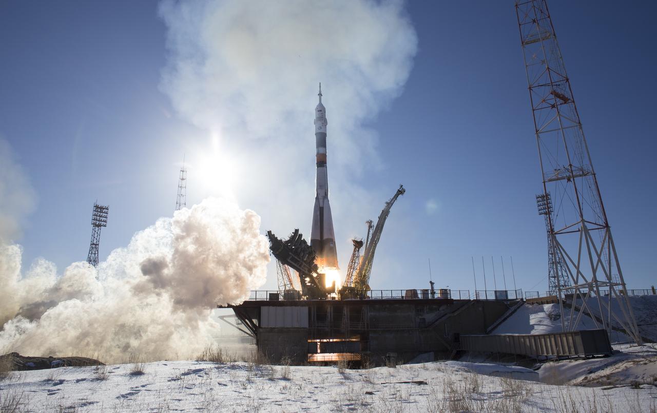 The Soyuz MS-07 rocket is launched with Expedition 54 Soyuz Commander Anton Shkaplerov of Roscosmos, flight engineer Scott Tingle of NASA, and flight engineer Norishige Kanai of Japan Aerospace Exploration Agency (JAXA), Sunday, Dec. 17, 2017 at the Baikonur Cosmodrome in Kazakhstan. Shkaplerov, Tingle, and Kanai will spend the next five months living and working aboard the International Space Station. Photo Credit: (NASA/Joel Kowsky)