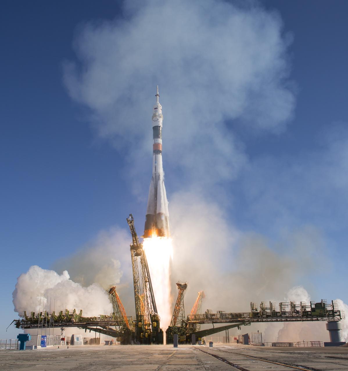 The Soyuz MS-07 rocket is launched with Expedition 54 Soyuz Commander Anton Shkaplerov of Roscosmos, flight engineer Scott Tingle of NASA, and flight engineer Norishige Kanai of Japan Aerospace Exploration Agency (JAXA), Sunday, Dec. 17, 2017 at the Baikonur Cosmodrome in Kazakhstan. Shkaplerov, Tingle, and Kanai will spend the next five months living and working aboard the International Space Station. Photo Credit: (NASA/Joel Kowsky)