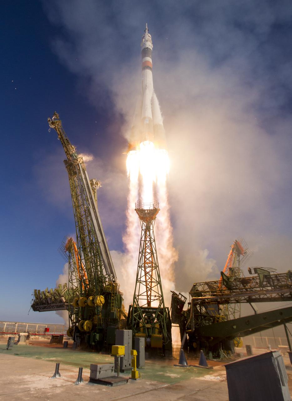 The Soyuz MS-07 rocket is launched with Expedition 54 Soyuz Commander Anton Shkaplerov of Roscosmos, flight engineer Scott Tingle of NASA, and flight engineer Norishige Kanai of Japan Aerospace Exploration Agency (JAXA), Sunday, Dec. 17, 2017 at the Baikonur Cosmodrome in Kazakhstan. Shkaplerov, Tingle, and Kanai will spend the next five months living and working aboard the International Space Station. Photo Credit: (NASA/Joel Kowsky)