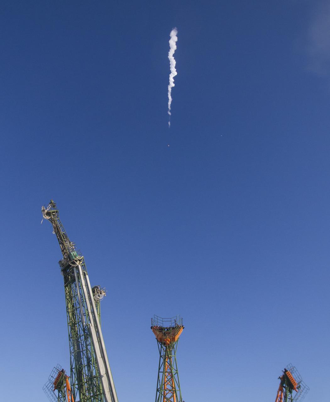 The Soyuz MS-07 rocket is launched with Expedition 54 Soyuz Commander Anton Shkaplerov of Roscosmos, flight engineer Scott Tingle of NASA, and flight engineer Norishige Kanai of Japan Aerospace Exploration Agency (JAXA), Sunday, Dec. 17, 2017 at the Baikonur Cosmodrome in Kazakhstan. Shkaplerov, Tingle, and Kanai will spend the next five months living and working aboard the International Space Station.  Photo Credit: (NASA/Joel Kowsky)