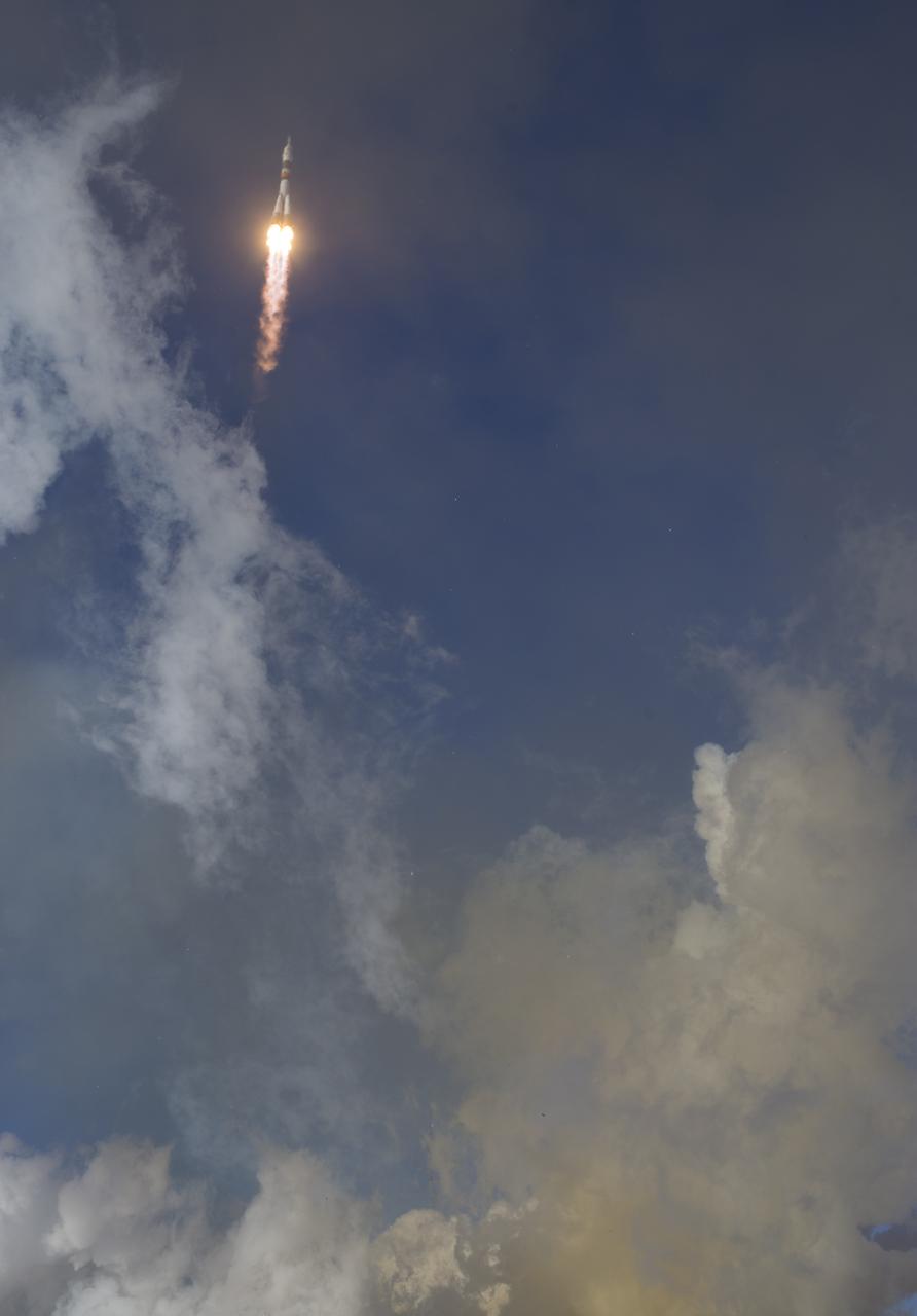 The Soyuz MS-07 rocket is launched with Expedition 54 Soyuz Commander Anton Shkaplerov of Roscosmos, flight engineer Scott Tingle of NASA, and flight engineer Norishige Kanai of Japan Aerospace Exploration Agency (JAXA), Sunday, Dec. 17, 2017 at the Baikonur Cosmodrome in Kazakhstan. Shkaplerov, Tingle, and Kanai will spend the next five months living and working aboard the International Space Station. Photo Credit: (NASA/Joel Kowsky)
