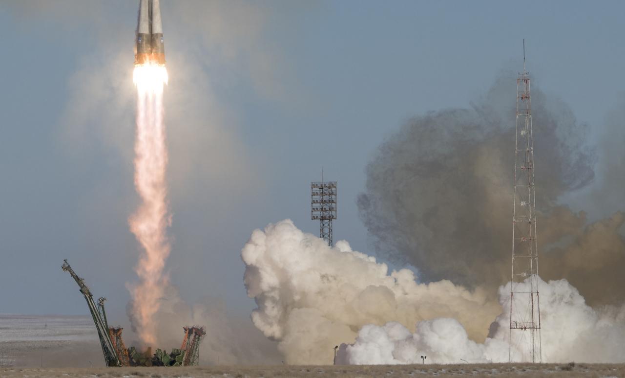 The Soyuz MS-07 rocket is launched with Expedition 54 Soyuz Commander Anton Shkaplerov of Roscosmos, flight engineer Scott Tingle of NASA, and flight engineer Norishige Kanai of Japan Aerospace Exploration Agency (JAXA), Sunday, Dec. 17, 2017 at the Baikonur Cosmodrome in Kazakhstan. Shkaplerov, Tingle, and Kanai will spend the next five months living and working aboard the International Space Station. Photo Credit: (NASA/Joel Kowsky)