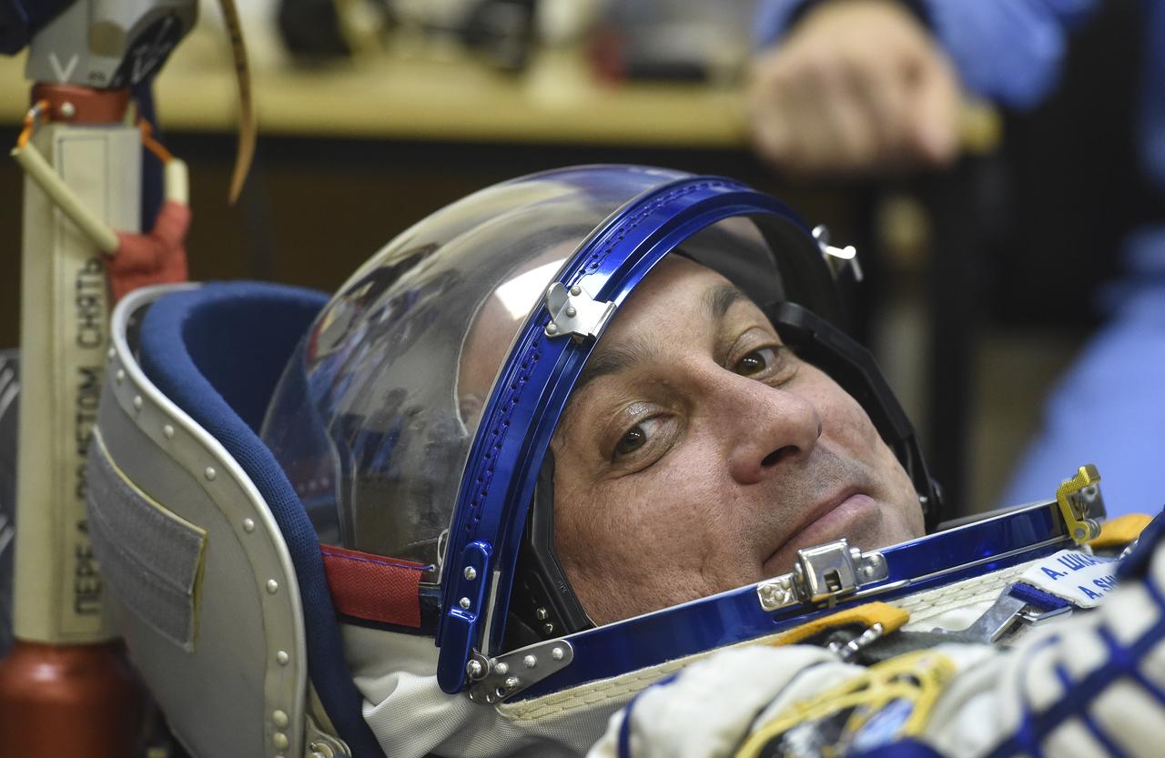 Expedition 54 Soyuz Commander Anton Shkaplerov of Roscosmos prepares to have his Russian Sokol suit pressure checked in preparation for launch aboard the Soyuz MS-07 spacecraft, Sunday, Dec. 17, 2017 in Baikonur, Kazakhstan. Launch of the Soyuz rocket will send Shkaplerov and fellow crewmates flight engineer Scott Tingle of NASA and flight engineer Norishige Kanai of the Japan Aerospace Exploration Agency (JAXA) on a five month mission aboard the International Space Station. Photo Credit: (NASA/GCTC/Andrey Shelepin)