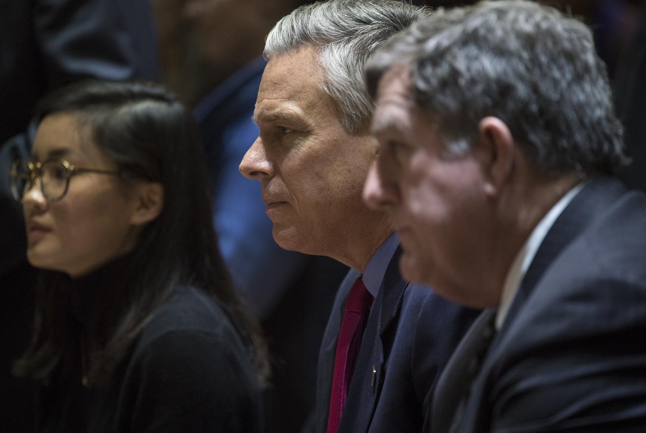 U.S. Ambassador to Russia Jon Huntsman Jr. is seen in the Moscow Mission Control Center in Korolev, Russia while waiting to speak with the Soyuz MS-07 crew after their docking with the International Space Station, Tuesday, Dec. 19, 2017. Hatches were opened at 5:55 a.m. EST and Anton Shkaplerov of Roscosmos, Scott Tingle of NASA, and Norishige Kanai of the Japan Aerospace Exploration Agency (JAXA) joined Expedition 54 Commander Alexander Misurkin of Roscosmos and crewmates Mark Vande Hei and Joe Acaba of NASA aboard the orbiting laboratory. Photo Credit: (NASA/Joel Kowsky)