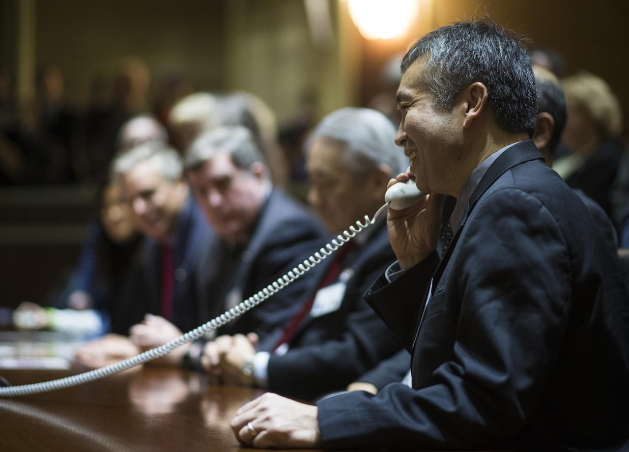 Japan Aerospace Exploration Agency (JAXA) International Space Station Program Manager Koichi Wakata speaks with the Expedition 54 crew from the Moscow Mission Control Center in Korolev, Russia a few hours after the Soyuz MS-07 docked to the International Space Station on Tuesday, Dec. 19, 2017. Hatches were opened at 5:55 a.m. EST and Anton Shkaplerov of Roscosmos, Scott Tingle of NASA, and Norishige Kanai of the Japan Aerospace Exploration Agency (JAXA) joined Expedition 54 Commander Alexander Misurkin of Roscosmos and crewmates Mark Vande Hei and Joe Acaba of NASA aboard the orbiting laboratory.  Photo Credit: (NASA/Joel Kowsky)