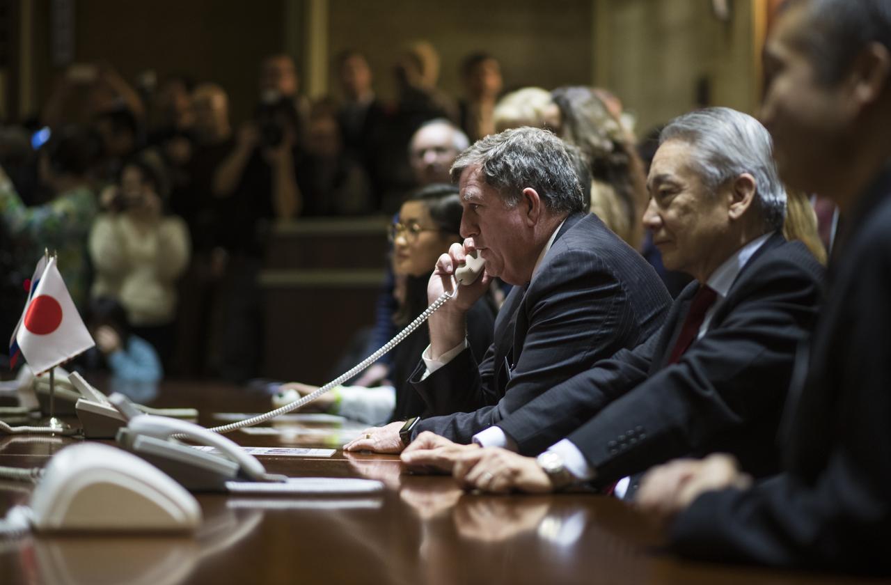 NASA International Space Station Program Manager Kirk Shireman speaks with the Expedition 54 crew from the Moscow Mission Control Center in Korolev, Russia a few hours after the Soyuz MS-07 docked to the International Space Station on Tuesday, Dec. 19, 2017. Hatches were opened at 5:55 a.m. EST and Anton Shkaplerov of Roscosmos, Scott Tingle of NASA, and Norishige Kanai of the Japan Aerospace Exploration Agency (JAXA) joined Expedition 54 Commander Alexander Misurkin of Roscosmos and crewmates Mark Vande Hei and Joe Acaba of NASA aboard the orbiting laboratory. Photo Credit: (NASA/Joel Kowsky)