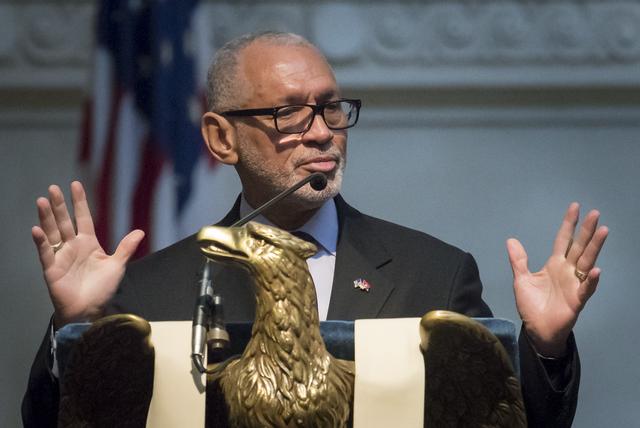 Former NASA Administrator Charlie Bolden speaks at the funeral service for former NASA astronaut Captain Bruce McCandless II, USN (Ret.), Tuesday, Jan. 16, 2018 at the United States Naval Academy Chapel in Annapolis, Maryland. Photo Credit: (NASA/Bill Ingalls)