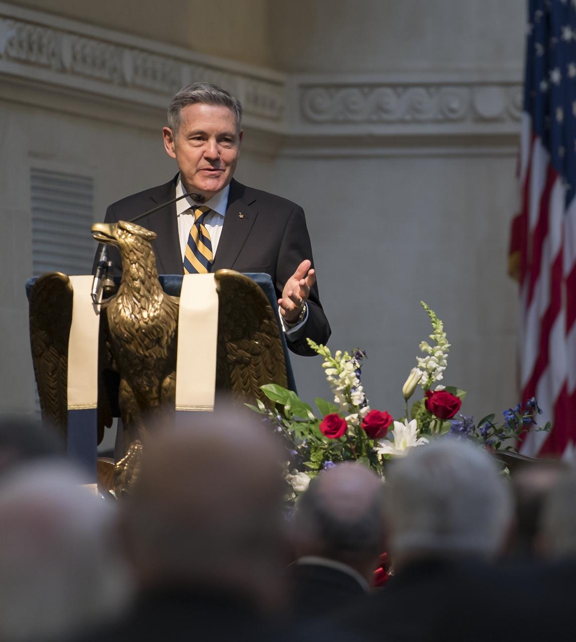 NASA Kennedy Space Center Director Robert Cabana speaks at the funeral service for former NASA astronaut Captain Bruce McCandless II, USN (Ret.), Tuesday, Jan. 16, 2018 at the United States Naval Academy Chapel in Annapolis, Maryland. Photo Credit: (NASA/Bill Ingalls)