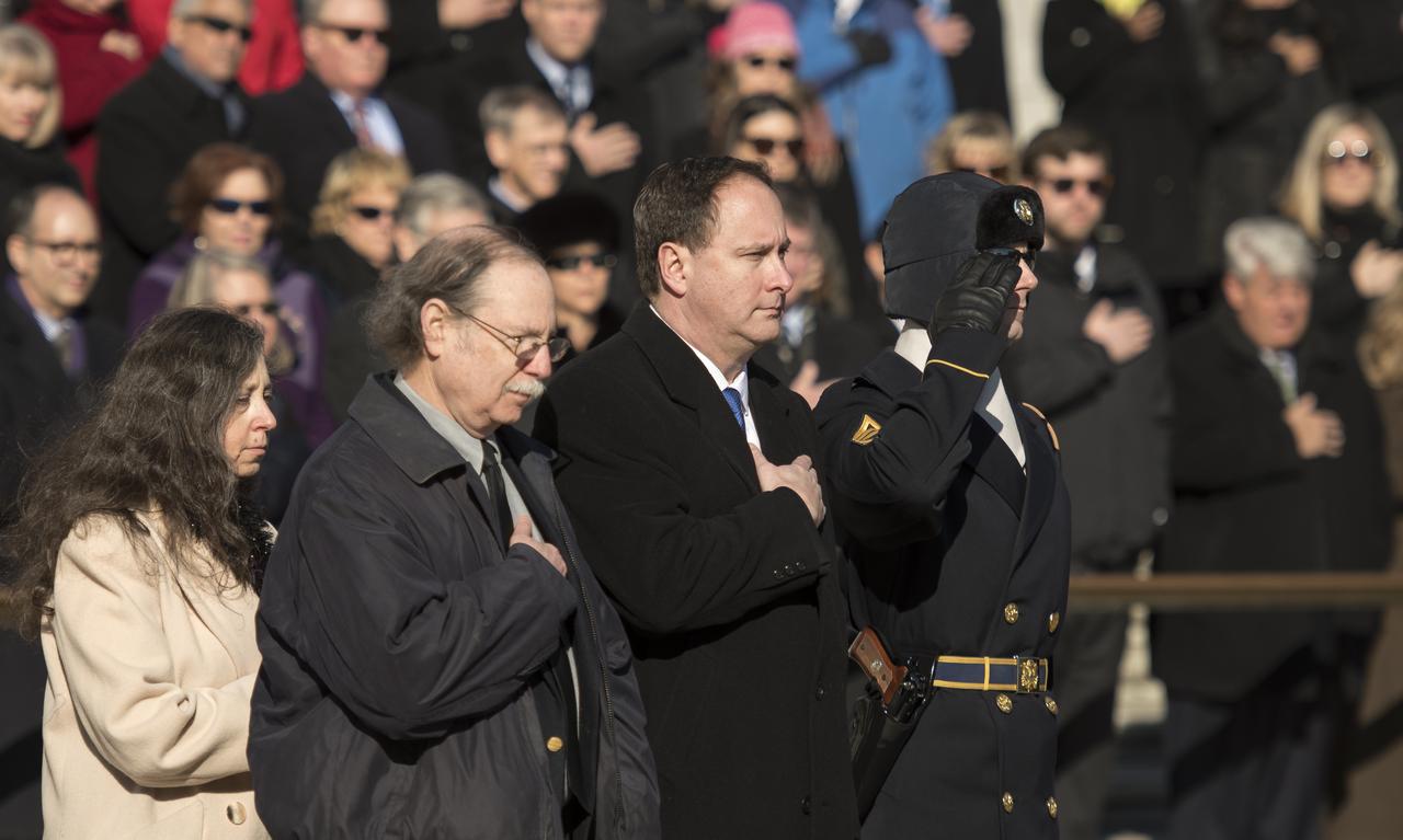Amy Resnik, sister-in-law, left, and Chuck Resnik, brother of the late space shuttle Challenger astronaut Judy Resnik, along with acting NASA Administrator Robert Lightfoot, third from left, lay a wreath at the Tomb of the Unknowns during NASA's Day of Remembrance, Thursday, Jan. 25, 2018, at Arlington National Cemetery in Arlington, Virginia. Wreaths were laid in memory of those men and women who lost their lives in the quest for space exploration. Photo Credit: (NASA/Bill Ingalls)