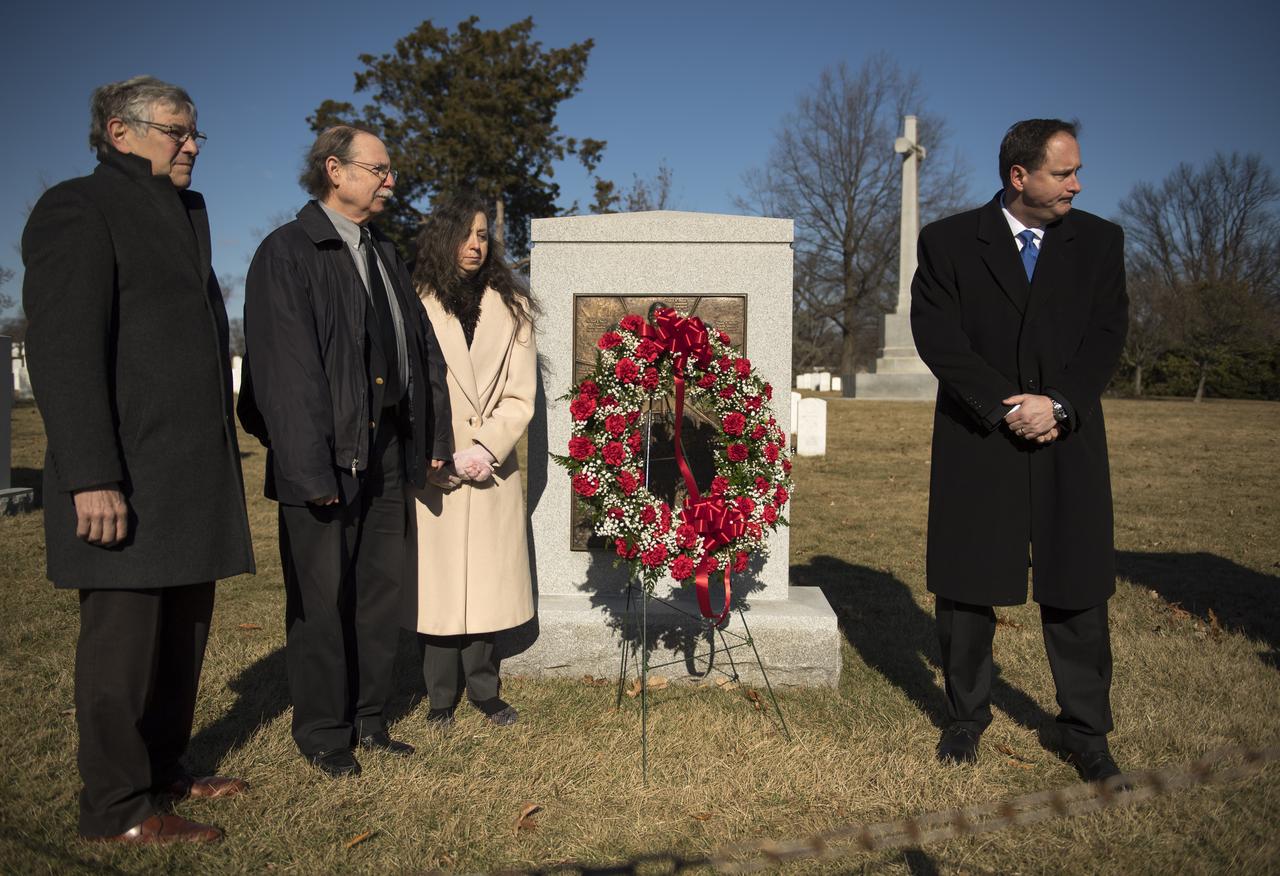 Mike Oldak, Resnik Family member, left, Chuck Resnik, brother of the late space shuttle Challenger astronaut Judy Resnik, Amy Resnik, sister-in-law of the late Judy Resnik and acting NASA Administrator Robert Lightfoot, right, are seen after laying a wreath at the Space Shuttle Columbia Memorial as part of NASA's Day of Remembrance, Thursday, Jan. 25, 2018, Arlington National Cemetery in Arlington, Virginia. Wreaths were laid in memory of those men and women who lost their lives in the quest for space exploration. Photo Credit: (NASA/Bill Ingalls)