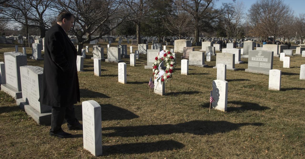Acting NASA Administrator Robert Lightfoot visits the graves of Apollo 1 crew members, Virgil Grissom and Roger Chaffee, during a wreath laying ceremony as part of NASA's Day of Remembrance, Thursday, Jan. 25, 2018, at Arlington National Cemetery in Arlington, Virginia. Wreaths were laid in memory of those men and women who lost their lives in the quest for space exploration. Photo Credit: (NASA/Bill Ingalls)