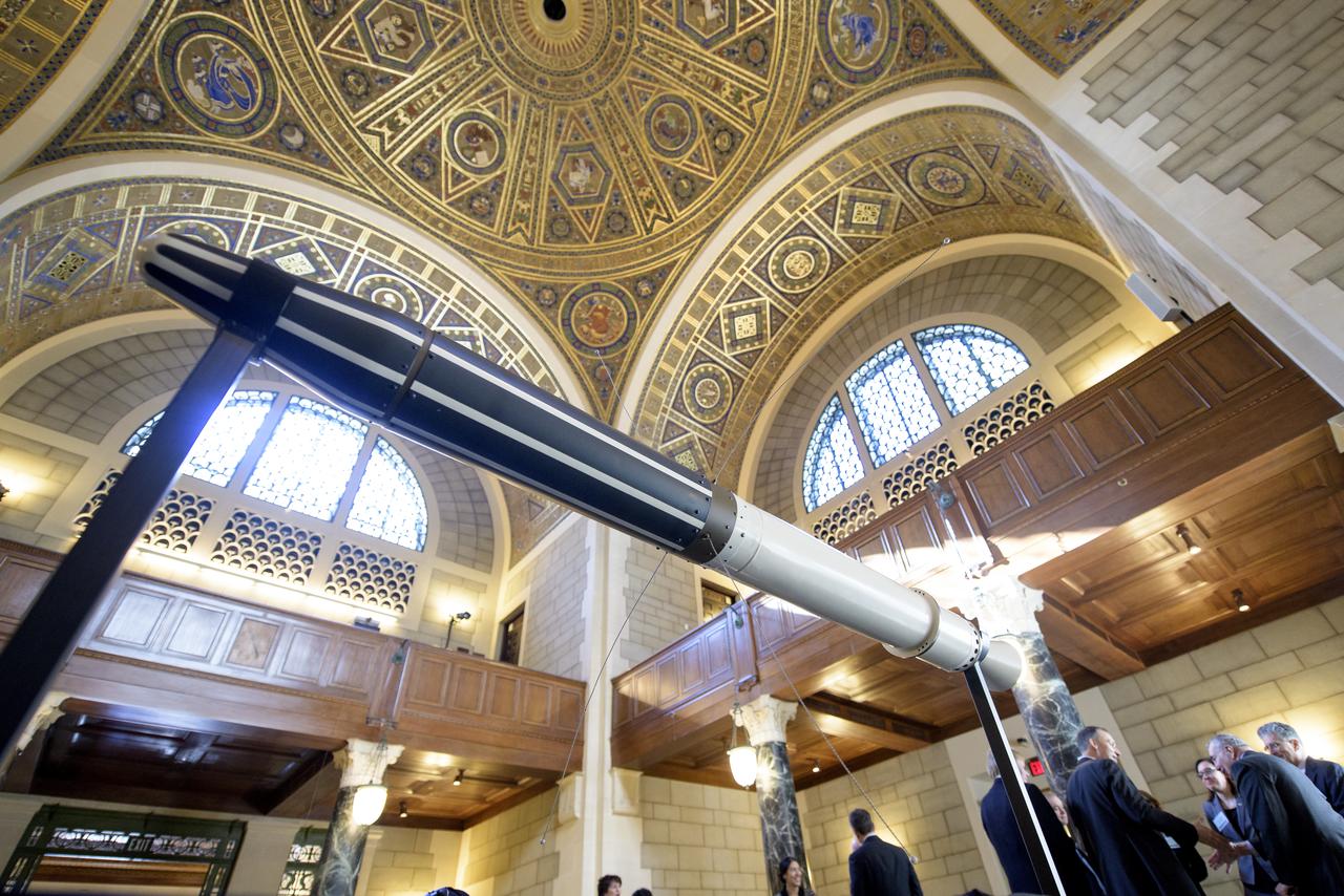 A replica of the Explorer 1 satellite is seen on display during an event celebrating the 60th Anniversary of the Explorer 1 mission and the discovery of Earth's radiation belts, Wednesday, Jan. 31, 2018, at the National Academy of Sciences in Washington. The first U.S. satellite, Explorer 1, was launched from Cape Canaveral on January 31, 1958. The 30-pound satellite would yield a major scientific discovery, the Van Allen radiation belts circling our planet, and begin six decades of groundbreaking space science and human exploration. (NASA/Joel Kowsky)