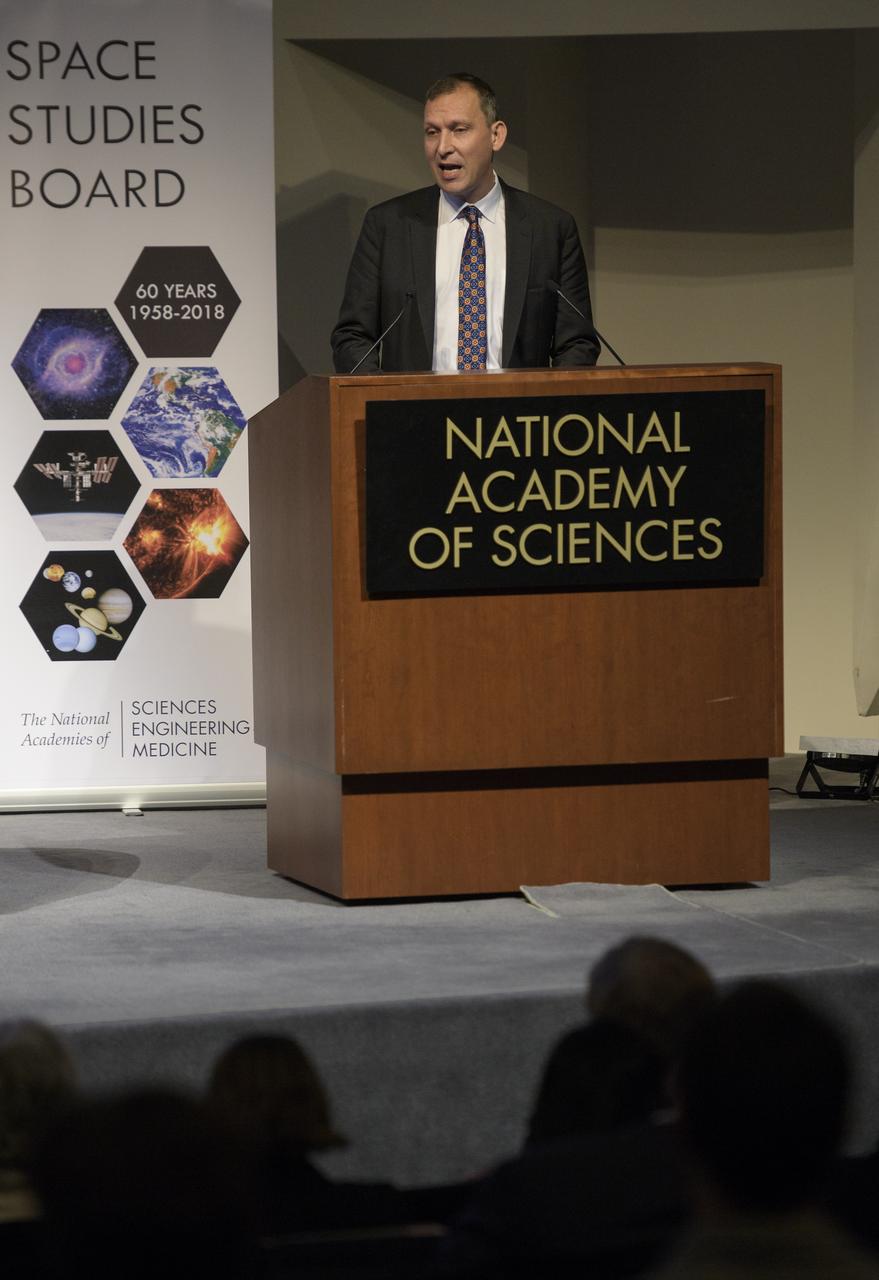 Thomas Zurbuchen, Associate Administrator for NASA's Science Mission Directorate, speaks during an event celebrating the 60th Anniversary of the Explorer 1 mission and the discovery of Earth's radiation belts, Wednesday, Jan. 31, 2018, at the National Academy of Sciences in Washington. The first U.S. satellite, Explorer 1, was launched from Cape Canaveral on January 31, 1958. The 30-pound satellite would yield a major scientific discovery, the Van Allen radiation belts circling our planet, and begin six decades of groundbreaking space science and human exploration. (NASA/Joel Kowsky)