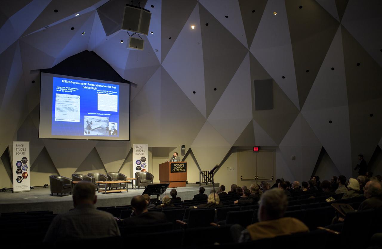Alexander Moiseev, a research scientist at NASA's Goddard Spaceflight Center, speaks during an event celebrating the 60th Anniversary of the Explorer 1 mission and the discovery of Earth's radiation belts, Wednesday, Jan. 31, 2018, at the National Academy of Sciences in Washington. The first U.S. satellite, Explorer 1, was launched from Cape Canaveral on January 31, 1958. The 30-pound satellite would yield a major scientific discovery, the Van Allen radiation belts circling our planet, and begin six decades of groundbreaking space science and human exploration. (NASA/Joel Kowsky)