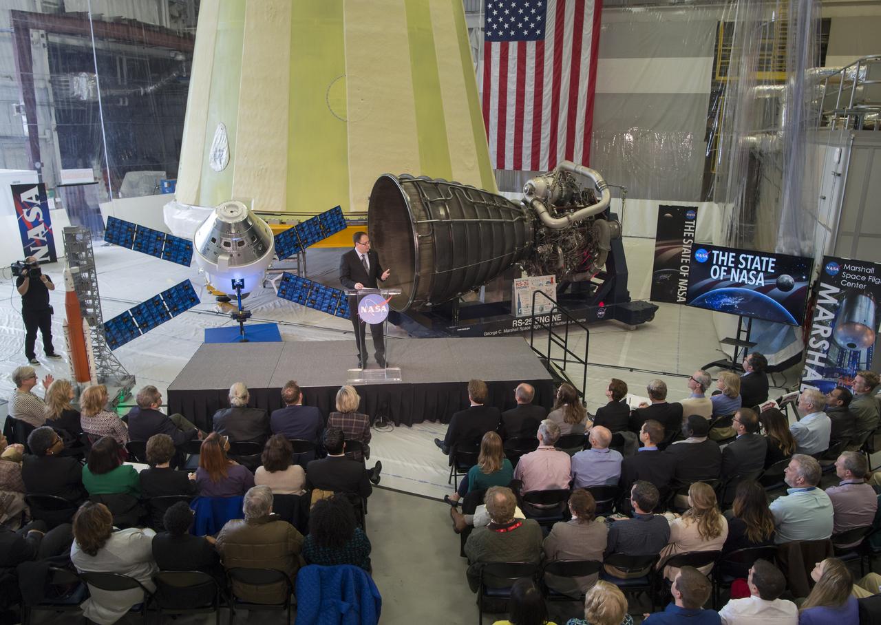 Acting NASA Administrator Robert Lightfoot discusses the fiscal year 2019 budget proposal during a State of NASA address Monday, Feb. 12, 2018 at NASA's Marshall Space Flight Center in Huntsville, Alabama.  Photo Credit: (NASA/Bill Ingalls)