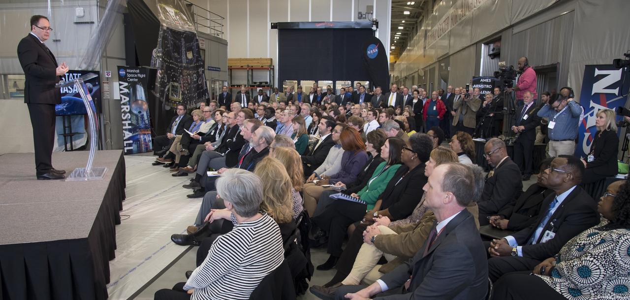 Acting NASA Administrator Robert Lightfoot discusses the fiscal year 2019 budget proposal during a State of NASA address Monday, Feb. 12, 2018 at NASA's Marshall Space Flight Center in Huntsville, Alabama.  Photo Credit: (NASA/Bill Ingalls)