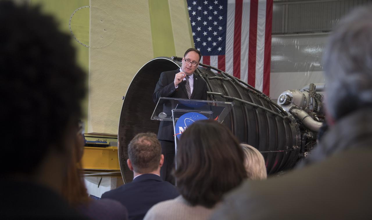 Acting NASA Administrator Robert Lightfoot discusses the fiscal year 2019 budget proposal during a State of NASA address Monday, Feb. 12, 2018 at NASA's Marshall Space Flight Center in Huntsville, Alabama.  Photo Credit: (NASA/Bill Ingalls)