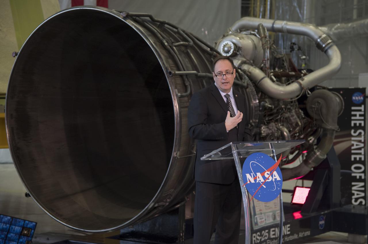 Acting NASA Administrator Robert Lightfoot discusses the fiscal year 2019 budget proposal during a State of NASA address Monday, Feb. 12, 2018 at NASA's Marshall Space Flight Center in Huntsville, Alabama.  Photo Credit: (NASA/Bill Ingalls)