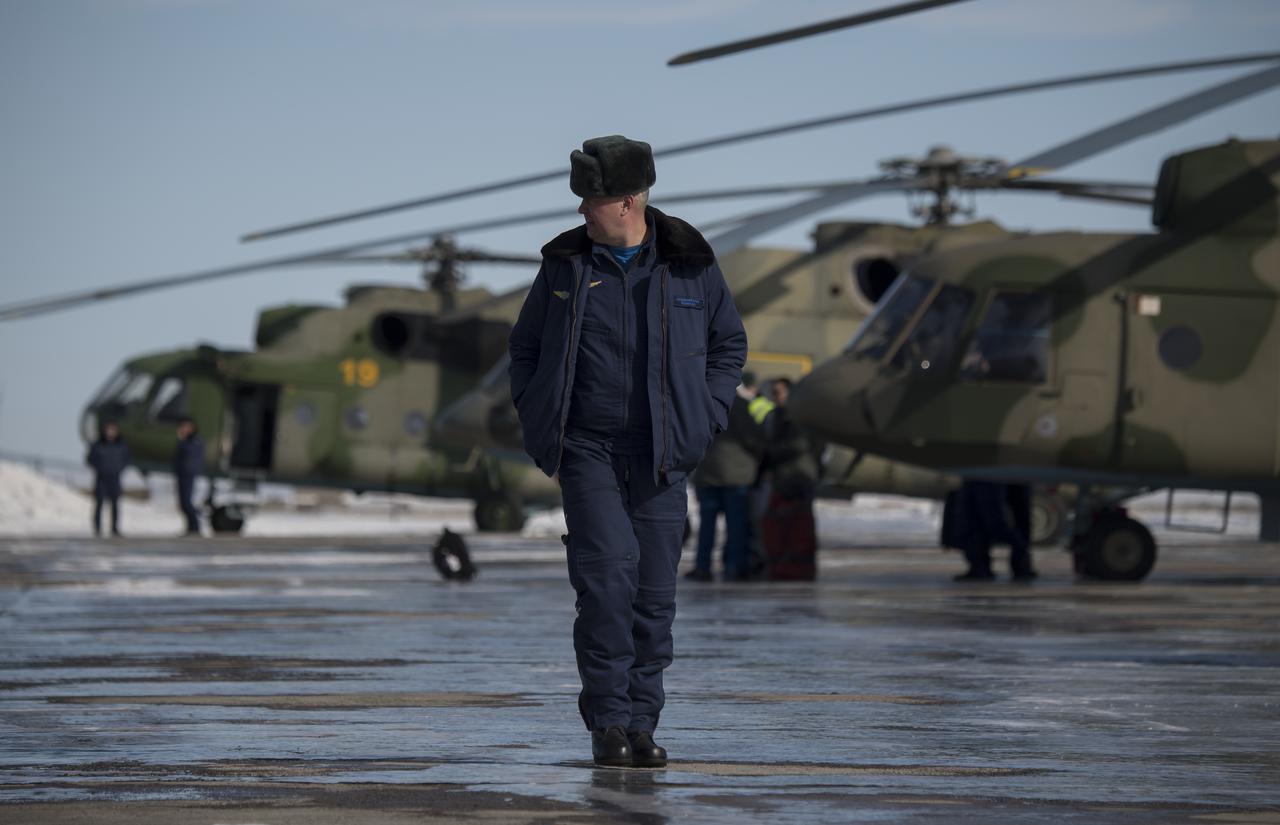 Russian Search and Rescue teams deploy on MI-8 helicopters from Karaganda to Zhezkazgan, Kazakhstan to prepare for the Soyuz MS-06 landing with Expedition 54 crew members Joe Acaba and Mark Vande Hei of NASA and cosmonaut Alexander Misurkin, Monday, Feb. 26, 2018. Acaba, Vande Hei, and Misurkin are returning after 168 days in space where they served as members of the Expedition 53 and 54 crews onboard the International Space Station. Photo Credit: (NASA/Bill Ingalls)