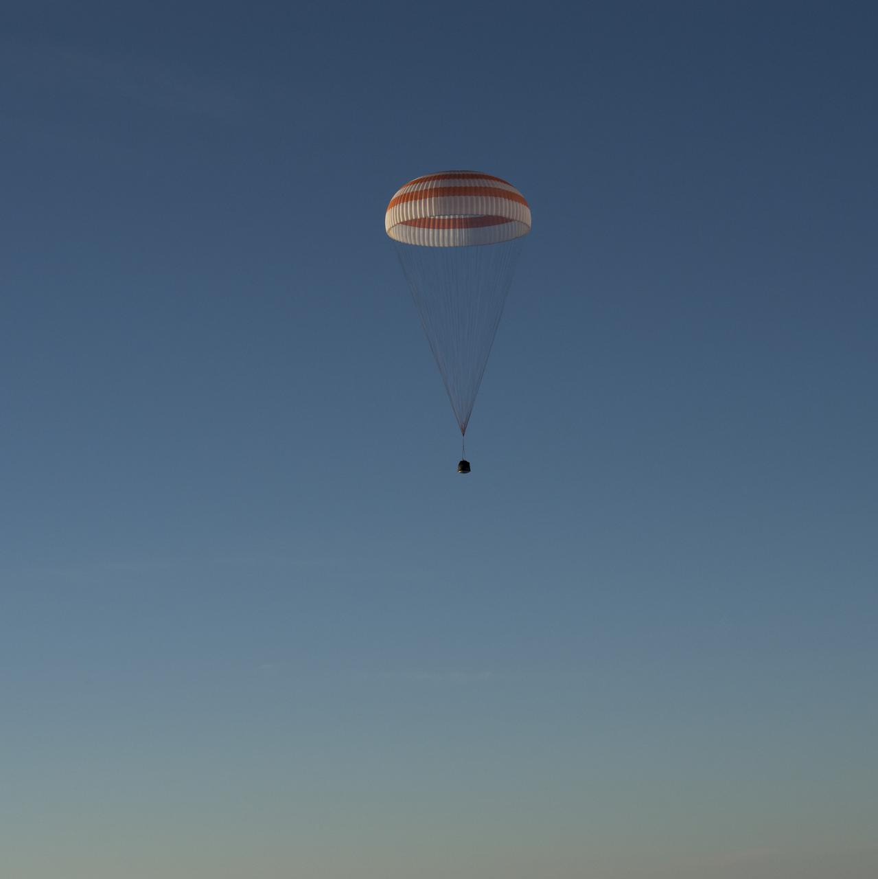 The Soyuz MS-06 spacecraft is seen as it lands with Expedition 54 crew members Joe Acaba and Mark Vande Hei of NASA and cosmonaut Alexander Misurkin near the town of Zhezkazgan, Kazakhstan on Wednesday, Feb. 28, 2018 (February 27 Eastern time.) Acaba, Vande Hei, and Misurkin are returning after 168 days in space where they served as members of the Expedition 53 and 54 crews onboard the International Space Station. Photo Credit: (NASA/Bill Ingalls)