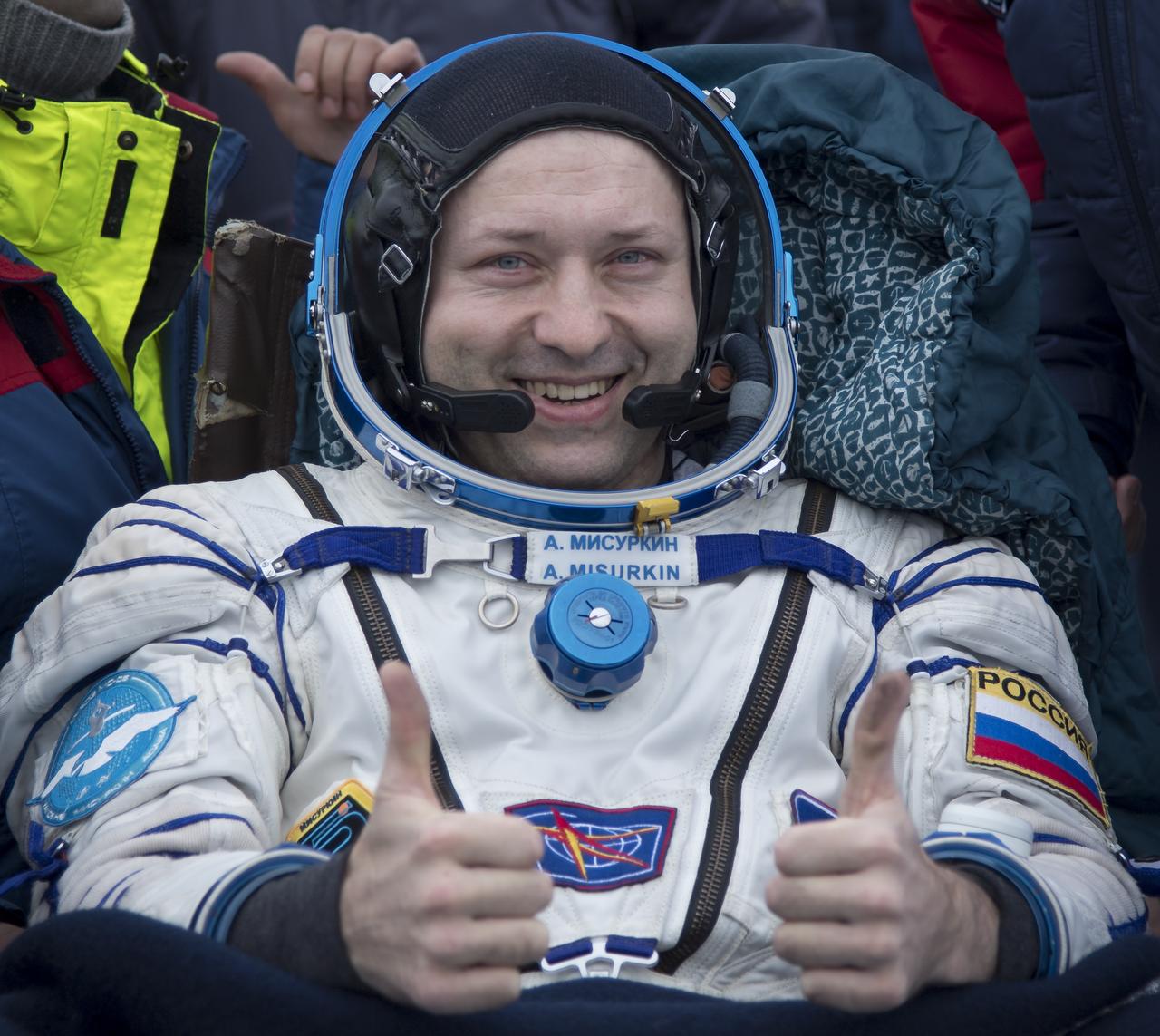 Russian cosmonaut Alexander Misurkin rests in a chair shortly after he, NASA astronaut Mark Vande Hei, and NASA astronaut Joe Acaba landed in their Soyuz MS-06 spacecraft near the town of Zhezkazgan, Kazakhstan on Wednesday, Feb. 28, 2018 (February 27 Eastern time.) Acaba, Vande Hei, and Misurkin are returning after 168 days in space where they served as members of the Expedition 53 and 54 crews onboard the International Space Station. Photo Credit: (NASA/Bill Ingalls)