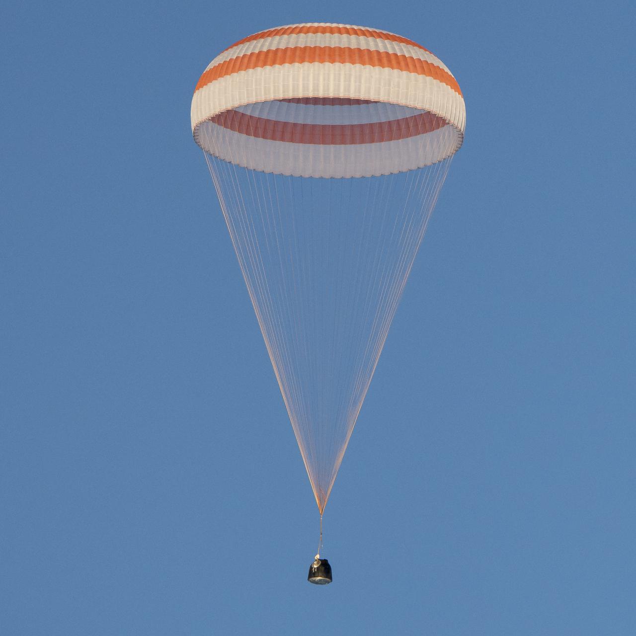 The Soyuz MS-06 spacecraft is seen as it lands with Expedition 54 crew members Joe Acaba and Mark Vande Hei of NASA and cosmonaut Alexander Misurkin near the town of Zhezkazgan, Kazakhstan on Wednesday, Feb. 28, 2018 (February 27 Eastern time.) Acaba, Vande Hei, and Misurkin are returning after 168 days in space where they served as members of the Expedition 53 and 54 crews onboard the International Space Station. Photo Credit: (NASA/Bill Ingalls)