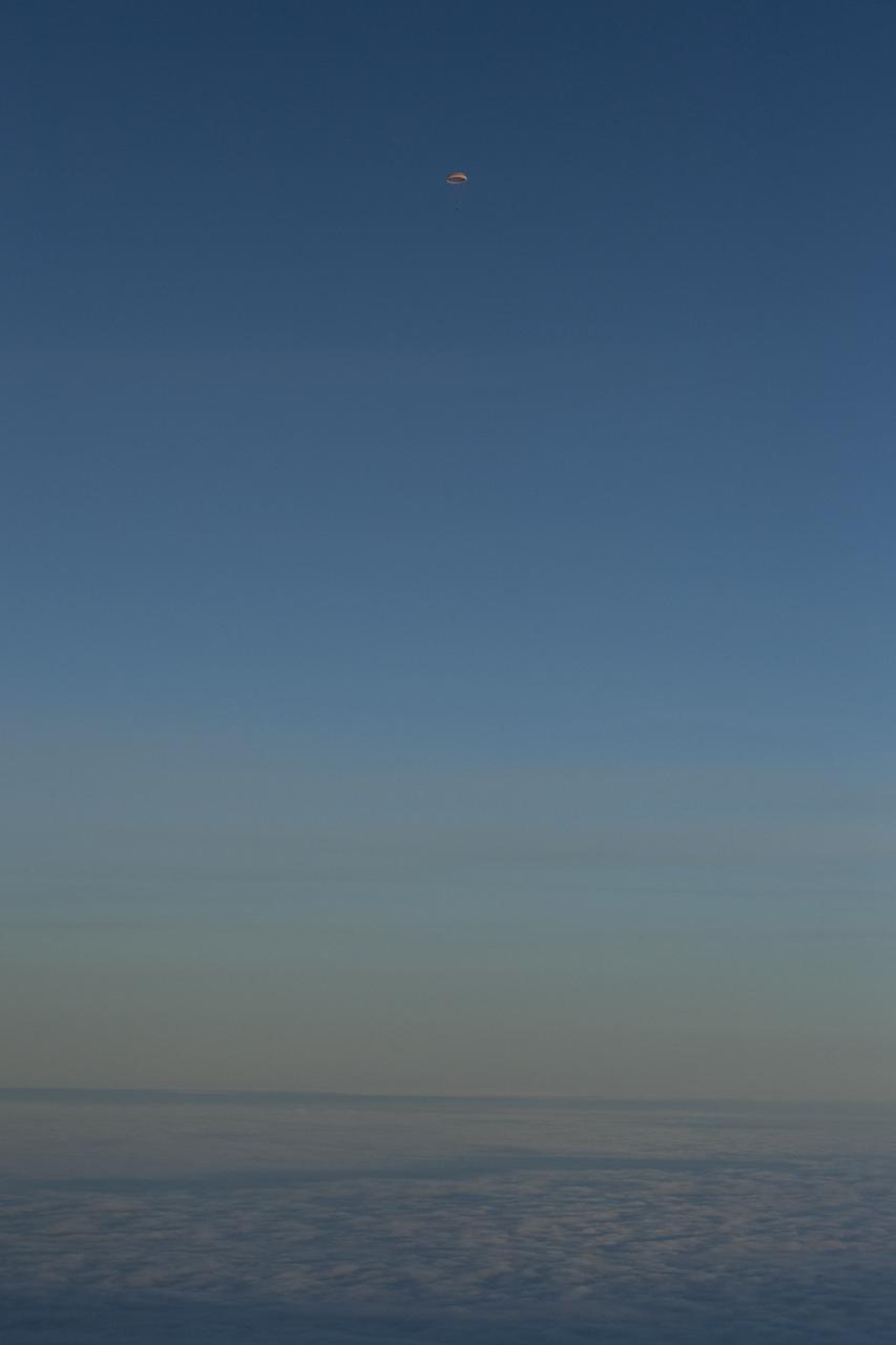 The Soyuz MS-06 spacecraft is seen as it lands with Expedition 54 crew members Joe Acaba and Mark Vande Hei of NASA and cosmonaut Alexander Misurkin near the town of Zhezkazgan, Kazakhstan on Wednesday, Feb. 28, 2018 (February 27 Eastern time.) Acaba, Vande Hei, and Misurkin are returning after 168 days in space where they served as members of the Expedition 53 and 54 crews onboard the International Space Station. Photo Credit: (NASA/Bill Ingalls)