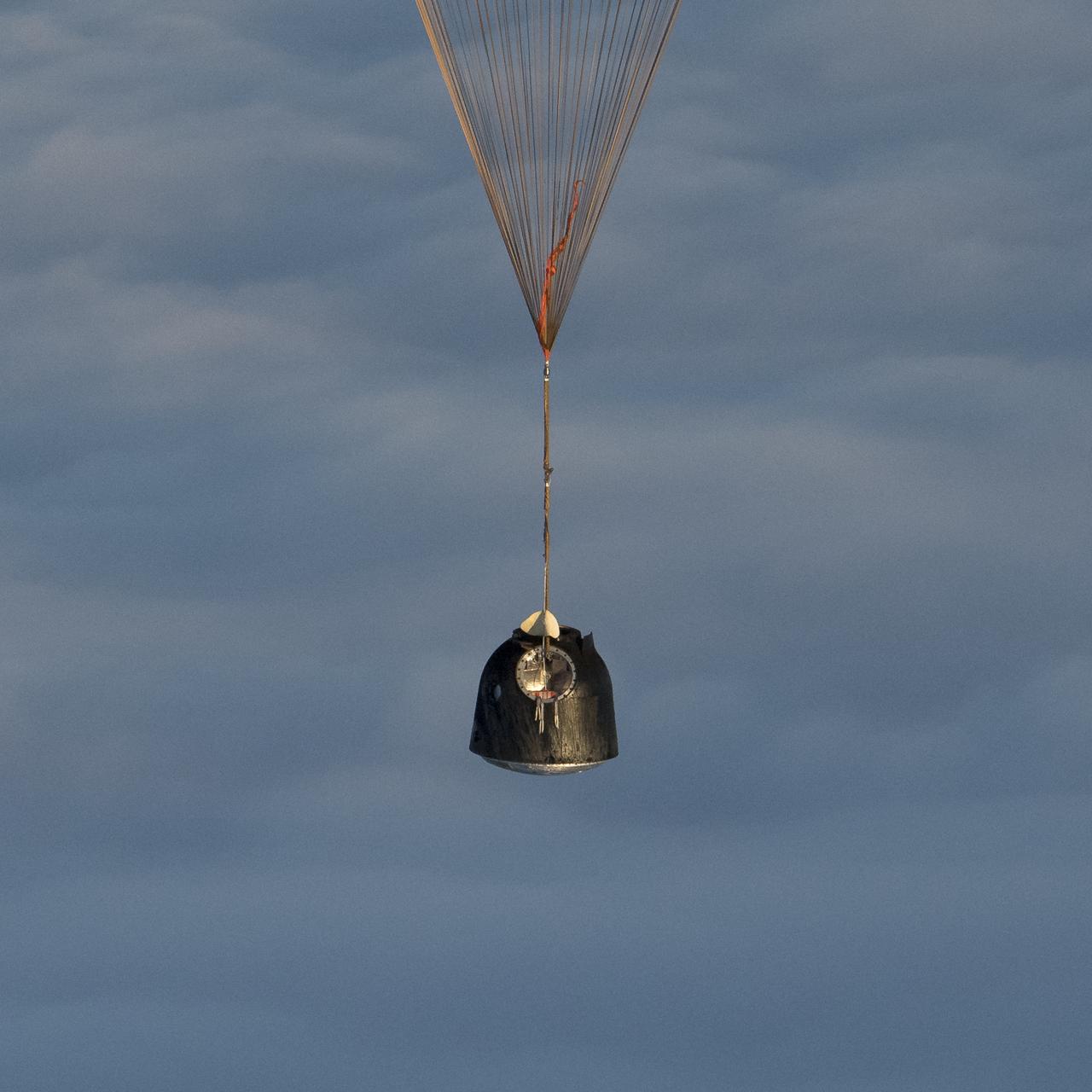 The Soyuz MS-06 spacecraft is seen as it lands with Expedition 54 crew members Joe Acaba and Mark Vande Hei of NASA and cosmonaut Alexander Misurkin near the town of Zhezkazgan, Kazakhstan on Wednesday, Feb. 28, 2018 (February 27 Eastern time.) Acaba, Vande Hei, and Misurkin are returning after 168 days in space where they served as members of the Expedition 53 and 54 crews onboard the International Space Station. Photo Credit: (NASA/Bill Ingalls)