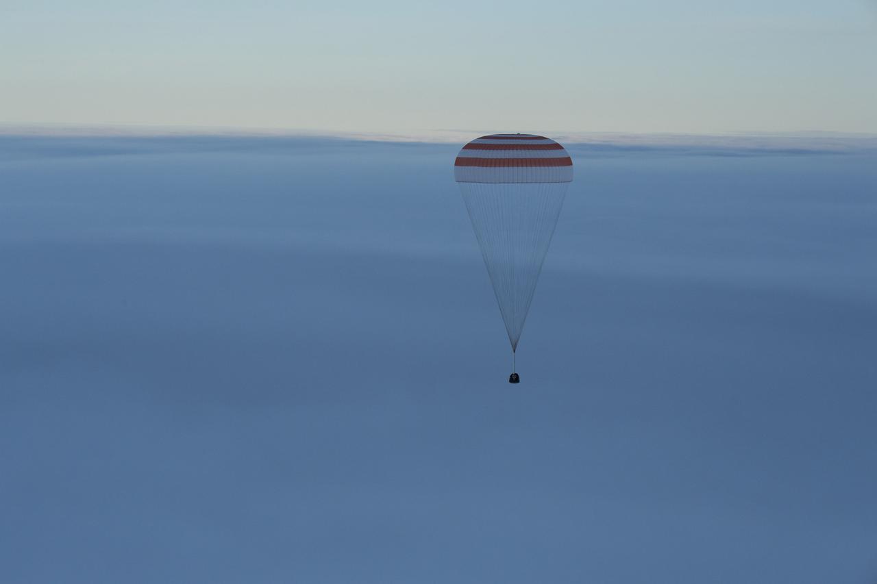 The Soyuz MS-06 spacecraft is seen as it lands with Expedition 54 crew members Joe Acaba and Mark Vande Hei of NASA and cosmonaut Alexander Misurkin near the town of Zhezkazgan, Kazakhstan on Wednesday, Feb. 28, 2018 (February 27 Eastern time.) Acaba, Vande Hei, and Misurkin are returning after 168 days in space where they served as members of the Expedition 53 and 54 crews onboard the International Space Station. Photo Credit: (NASA/Bill Ingalls)