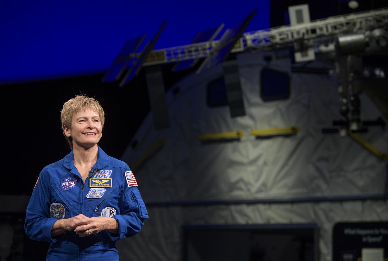 NASA astronaut Peggy Whitson is seen during an interview, Friday, March 2, 2018 at the Smithsonian's National Air and Space Museum in Washington. Whitson spent 288 days onboard the International Space Station as a member of Expedition 50, 51, and 52, conducting four spacewalks and contributing to hundreds of experiments in biology, biotechnology, physical science and Earth science during her stay. Photo Credit: (NASA/Joel Kowsky)