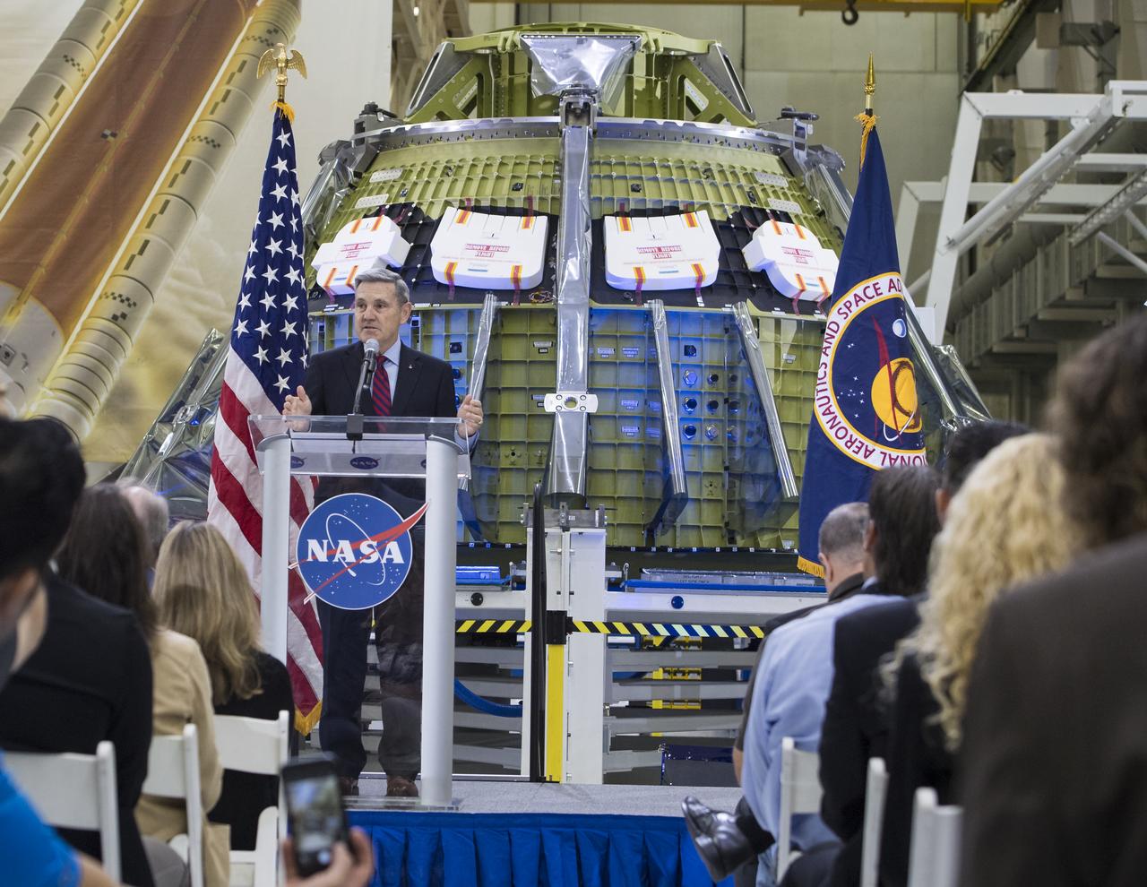Kennedy Space Center Director Bob Cabana makes opening remarks during an event to discuss NASA’s progress toward sending astronauts to the Moon and on to Mars, Monday, March 11, 2019, at the Neil Armstrong Operations and Checkout Building at NASA's Kennedy Space Center in Florida. Representatives from the Kennedy workforce, news media and social media were in attendance. NASA's Orion spacecraft, which is scheduled to be flown on Exploration Mission-2, was on display. For information on NASA's Moon to Mars plans, visit: www.nasa.gov/moontomars Photo credit: (NASA/Aubrey Gemignani)
