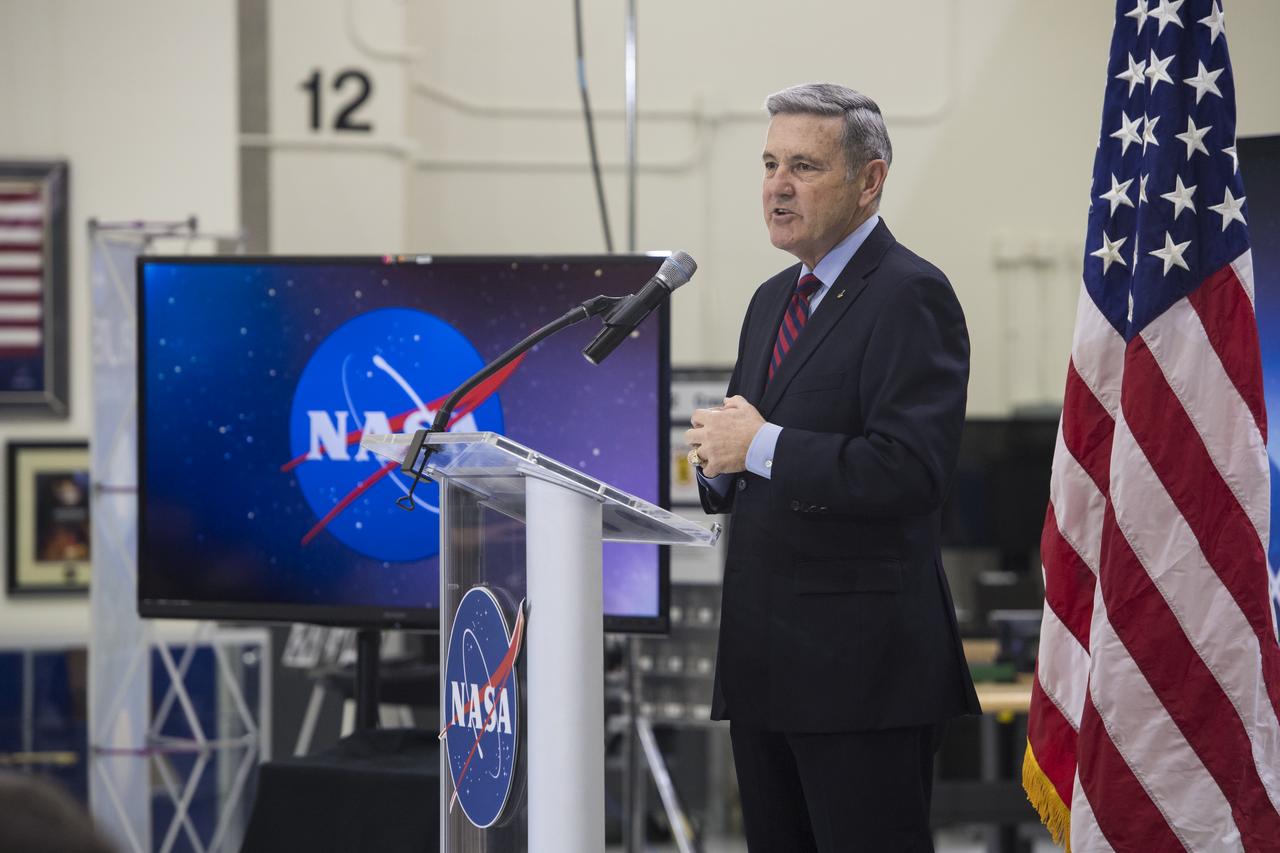 Kennedy Space Center Director Bob Cabana makes opening remarks during an event to discuss NASA’s progress toward sending astronauts to the Moon and on to Mars, Monday, March 11, 2019, at the Neil Armstrong Operations and Checkout Building at NASA's Kennedy Space Center in Florida. Representatives from the Kennedy workforce, news media and social media were in attendance. NASA's Orion spacecraft, which is scheduled to be flown on Exploration Mission-2, was on display. For information on NASA's Moon to Mars plans, visit: www.nasa.gov/moontomars Photo credit: (NASA/Aubrey Gemignani)