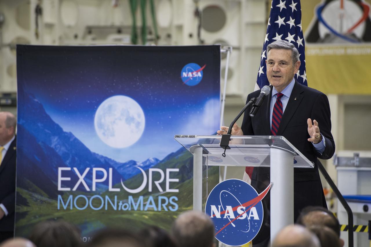 Kennedy Space Center Director Bob Cabana makes opening remarks during an event to discuss NASA’s progress toward sending astronauts to the Moon and on to Mars, Monday, March 11, 2019, at the Neil Armstrong Operations and Checkout Building at NASA's Kennedy Space Center in Florida. Representatives from the Kennedy workforce, news media and social media were in attendance. NASA's Orion spacecraft, which is scheduled to be flown on Exploration Mission-2, was on display. For information on NASA's Moon to Mars plans, visit: www.nasa.gov/moontomars Photo credit: (NASA/Aubrey Gemignani)