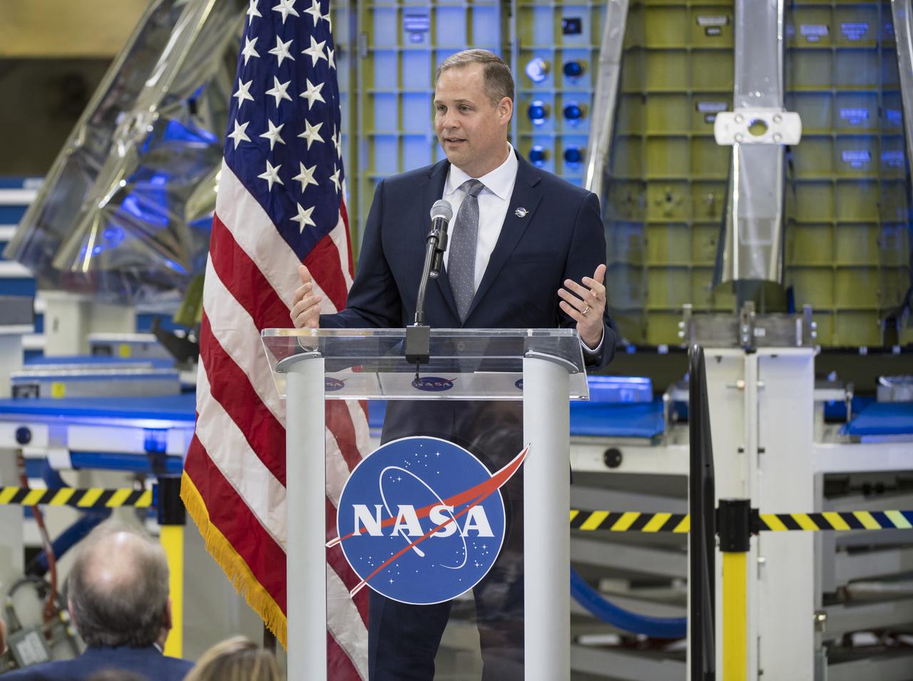 NASA Administrator Jim Bridenstine talks to employees about the agency’s progress toward sending astronauts to the Moon and on to Mars during a televised event, Monday, March 11, 2019, at the Neil Armstrong Operations and Checkout Building at NASA's Kennedy Space Center in Florida. Representatives from the Kennedy workforce, news media, and social media were in attendance. NASA's Orion spacecraft, which is scheduled to be flown on Exploration Mission-2, was on display. For information on NASA's Moon to Mars plans, visit: www.nasa.gov/moontomars Photo credit: (NASA/Aubrey Gemignani)