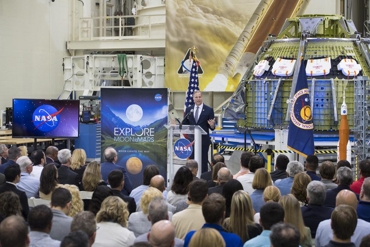 NASA Administrator Jim Bridenstine talks to employees about the agency’s progress toward sending astronauts to the Moon and on to Mars during a televised event, Monday, March 11, 2019, at the Neil Armstrong Operations and Checkout Building at NASA's Kennedy Space Center in Florida. Representatives from the Kennedy workforce, news media, and social media were in attendance. NASA's Orion spacecraft, which is scheduled to be flown on Exploration Mission-2, was on display. For information on NASA's Moon to Mars plans, visit: www.nasa.gov/moontomars Photo credit: (NASA/Aubrey Gemignani)