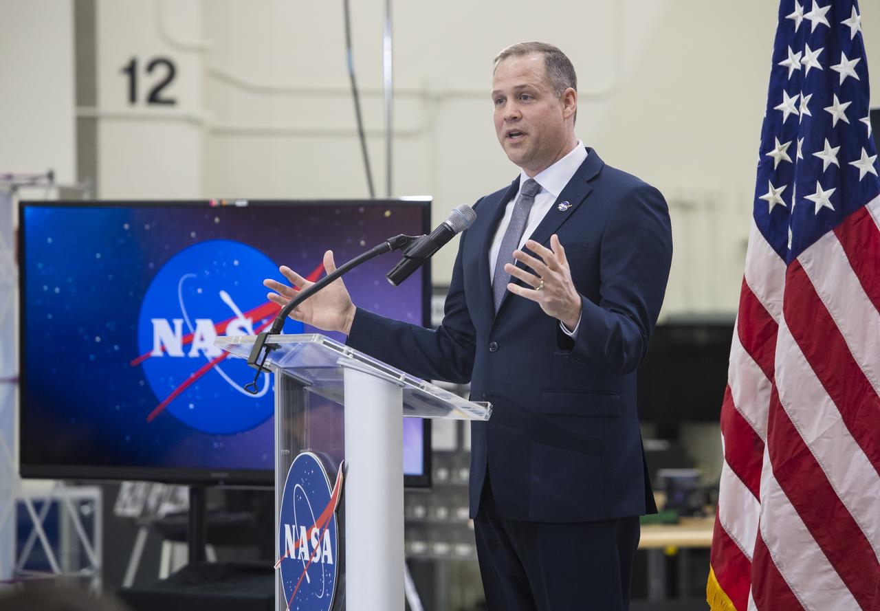 NASA Administrator Jim Bridenstine talks to employees about the agency’s progress toward sending astronauts to the Moon and on to Mars during a televised event, Monday, March 11, 2019, at the Neil Armstrong Operations and Checkout Building at NASA's Kennedy Space Center in Florida. Representatives from the Kennedy workforce, news media, and social media were in attendance. NASA's Orion spacecraft, which is scheduled to be flown on Exploration Mission-2, was on display. For information on NASA's Moon to Mars plans, visit: www.nasa.gov/moontomars Photo credit: (NASA/Aubrey Gemignani)