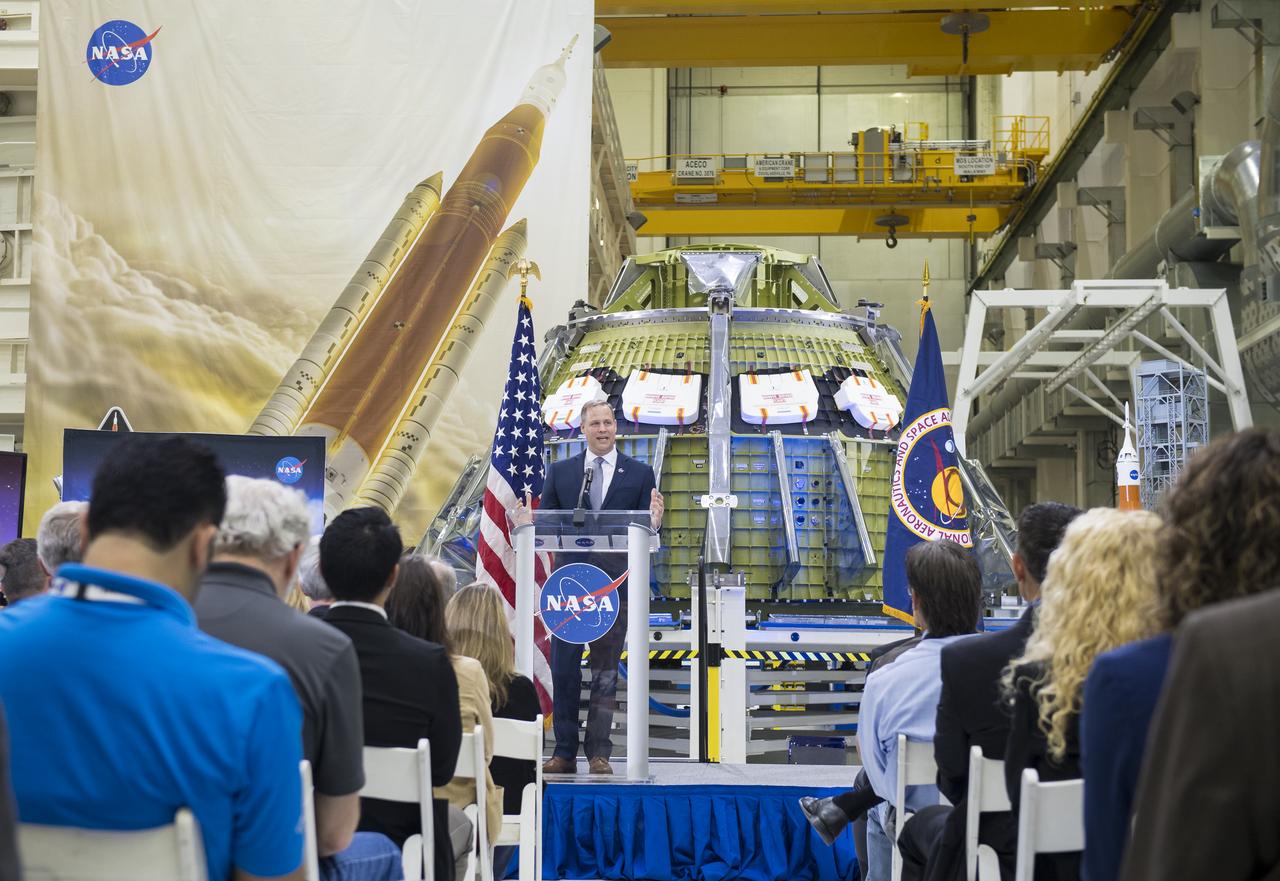 NASA Administrator Jim Bridenstine talks to employees about the agency’s progress toward sending astronauts to the Moon and on to Mars during a televised event, Monday, March 11, 2019, at the Neil Armstrong Operations and Checkout Building at NASA's Kennedy Space Center in Florida. Representatives from the Kennedy workforce, news media, and social media were in attendance. NASA's Orion spacecraft, which is scheduled to be flown on Exploration Mission-2, was on display. For information on NASA's Moon to Mars plans, visit: www.nasa.gov/moontomars Photo credit: (NASA/Aubrey Gemignani)