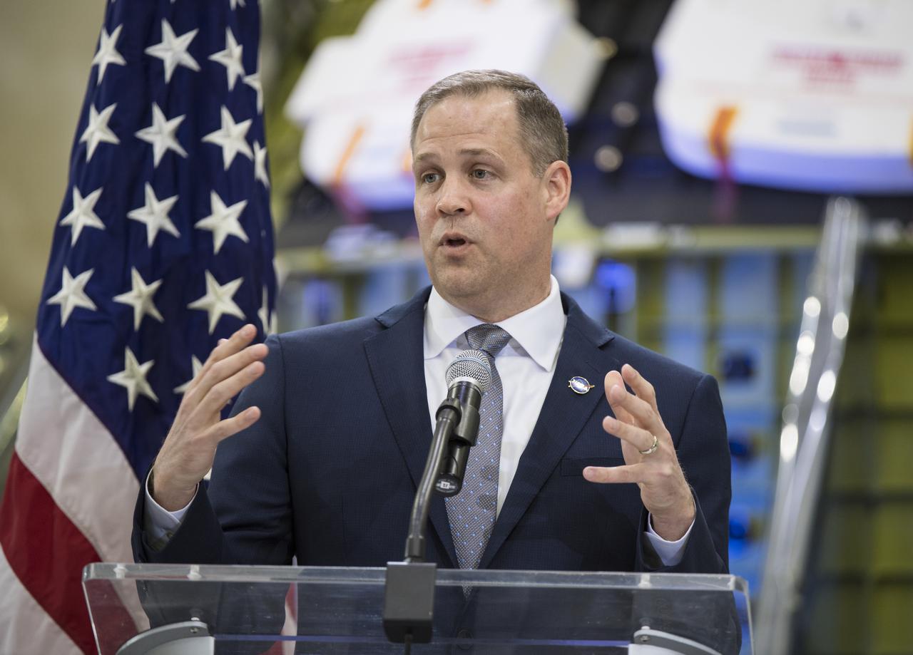 NASA Administrator Jim Bridenstine talks to employees about the agency’s progress toward sending astronauts to the Moon and on to Mars during a televised event, Monday, March 11, 2019, at the Neil Armstrong Operations and Checkout Building at NASA's Kennedy Space Center in Florida. Representatives from the Kennedy workforce, news media, and social media were in attendance. NASA's Orion spacecraft, which is scheduled to be flown on Exploration Mission-2, was on display. For information on NASA's Moon to Mars plans, visit: www.nasa.gov/moontomars Photo credit: (NASA/Aubrey Gemignani)