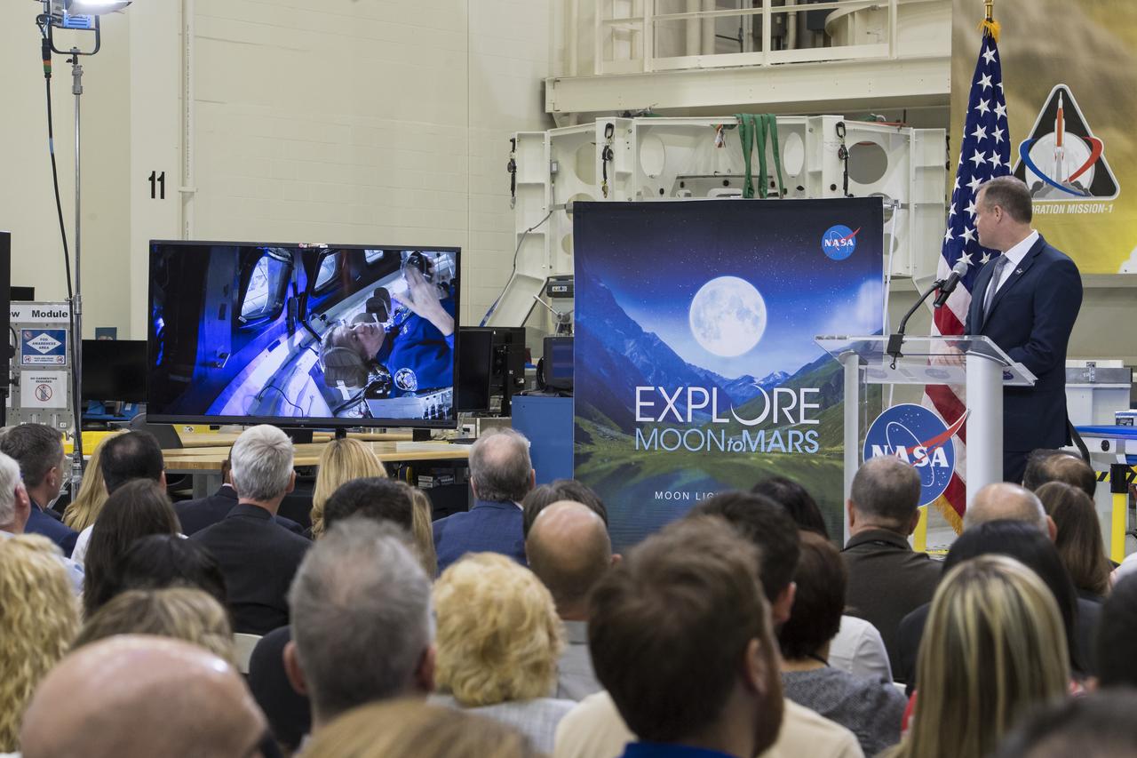 NASA Administrator Jim Bridenstine talks to astronaut Karen Nyberg who provides a tour by video, of the mockup Orion crew capsule at Johnson Space Center, during an event to discuss NASA’s progress toward sending astronauts to the Moon and on to Mars, Monday, March 11, 2019, at the Neil Armstrong Operations and Checkout Building at NASA's Kennedy Space Center in Florida. Representatives from the Kennedy workforce, news media and social media were in attendance. For information on NASA's Moon to Mars plans, visit: www.nasa.gov/moontomars Photo credit: (NASA/Aubrey Gemignani)