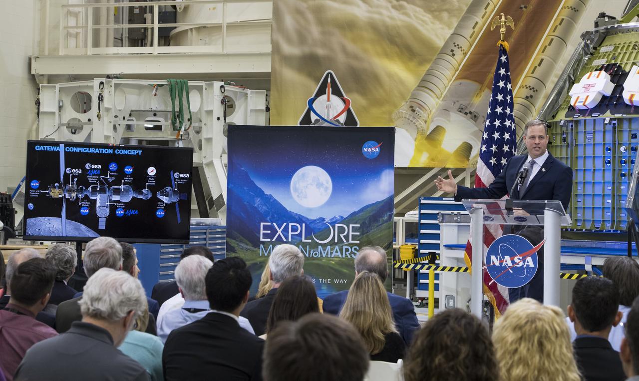 NASA Administrator Jim Bridenstine talks about the Gateway that will be in lunar orbit during an event highlighting the agency’s progress toward sending astronauts to the Moon and on to Mars, Monday, March 11, 2019, at the Neil Armstrong Operations and Checkout Building at NASA's Kennedy Space Center in Florida. Representatives from the Kennedy workforce, news media, and social media were in attendance. NASA's Orion spacecraft, which is scheduled to be flown on Exploration Mission-2, was on display. For information on NASA's Moon to Mars plans, visit: www.nasa.gov/moontomars Photo credit: (NASA/Aubrey Gemignani)