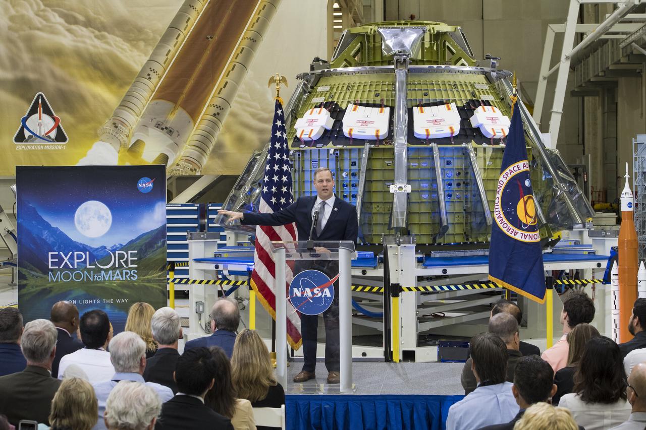 NASA Administrator Jim Bridenstine talks to employees about the agency’s progress toward sending astronauts to the Moon and on to Mars during a televised event, Monday, March 11, 2019, at the Neil Armstrong Operations and Checkout Building at NASA's Kennedy Space Center in Florida. Representatives from the Kennedy workforce, news media, and social media were in attendance. NASA's Orion spacecraft, which is scheduled to be flown on Exploration Mission-2, was on display. For information on NASA's Moon to Mars plans, visit: www.nasa.gov/moontomars Photo credit: (NASA/Aubrey Gemignani)
