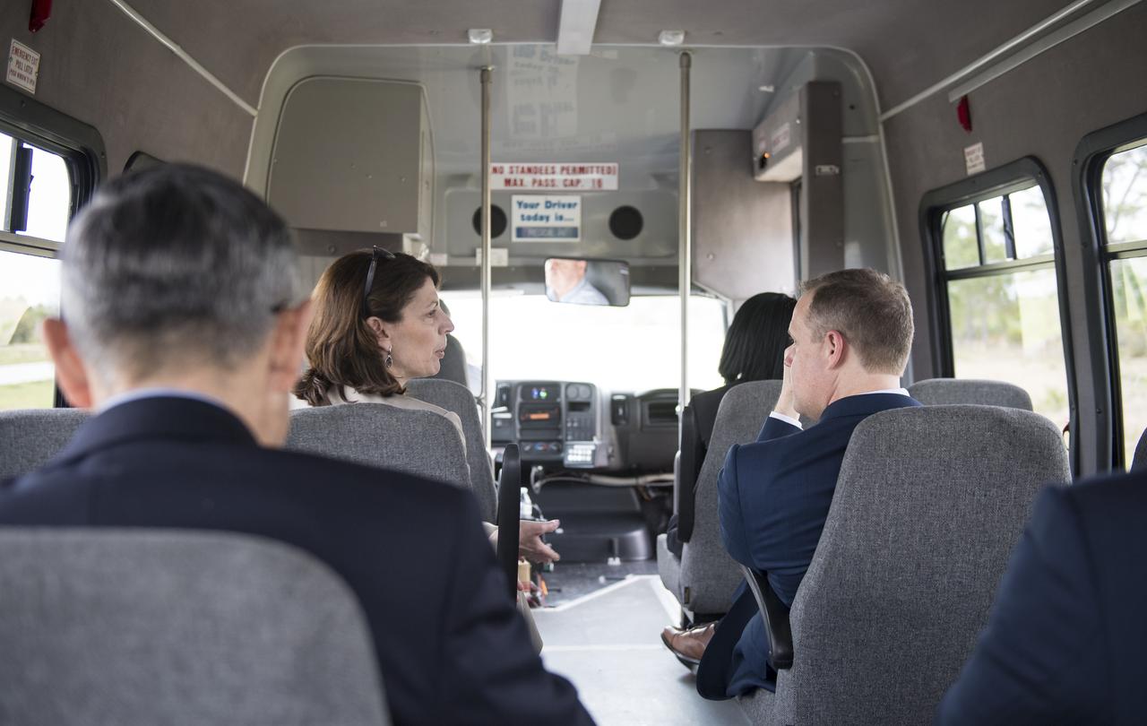 NASA Administrator Jim Bridenstine, right, talks to Lisa Callahan, vice president, Lockheed Martin, left, during a tour after the Moon to Mars event, Monday, March 11, 2019, at NASA's Kennedy Space Center in Florida. Photo credit: (NASA/Aubrey Gemignani)