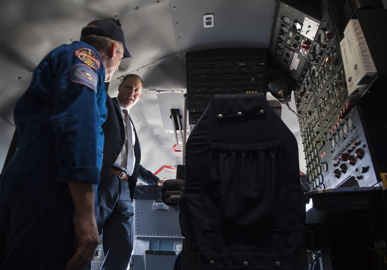 NASA Administrator Jim Bridenstine tours the super guppy that will carry the flight frame with the Orion crew module and service module inside, to a testing facility in Sandusky, Ohio, for full thermal vacuum testing, Monday, March 11, 2019 at Kennedy Space Center in Florida. For information on NASA's Moon to Mars plans, visit: www.nasa.gov/moontomars Photo credit: (NASA/Aubrey Gemignani)