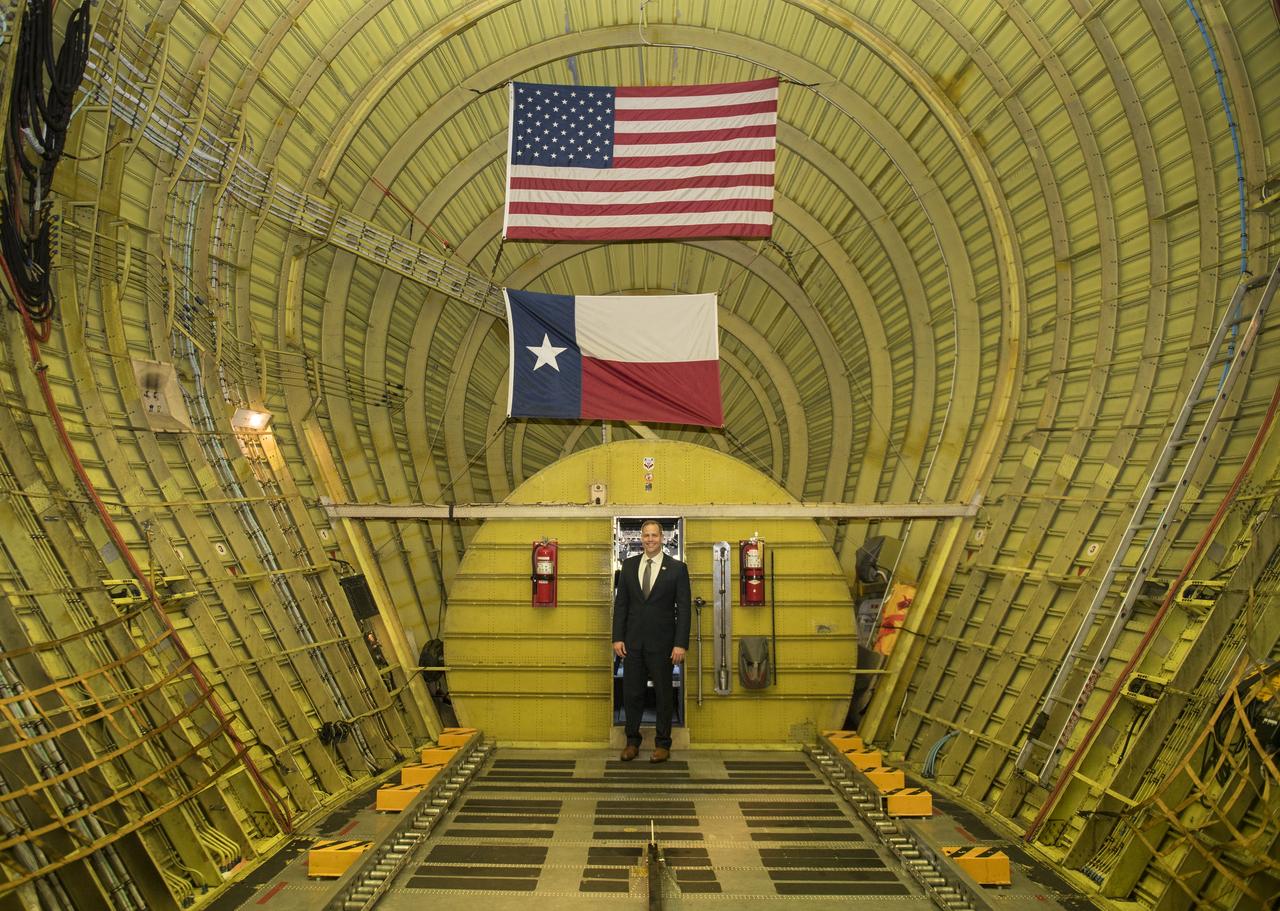 NASA Administrator Jim Bridenstine poses for a photo inside the super guppy that will carry the flight frame with the Orion crew module and service module inside, to a testing facility in Sandusky, Ohio, for full thermal vacuum testing, Monday, March 11, 2019 at Kennedy Space Center in Florida. For information on NASA's Moon to Mars plans, visit: www.nasa.gov/moontomars Photo credit: (NASA/Aubrey Gemignani)
