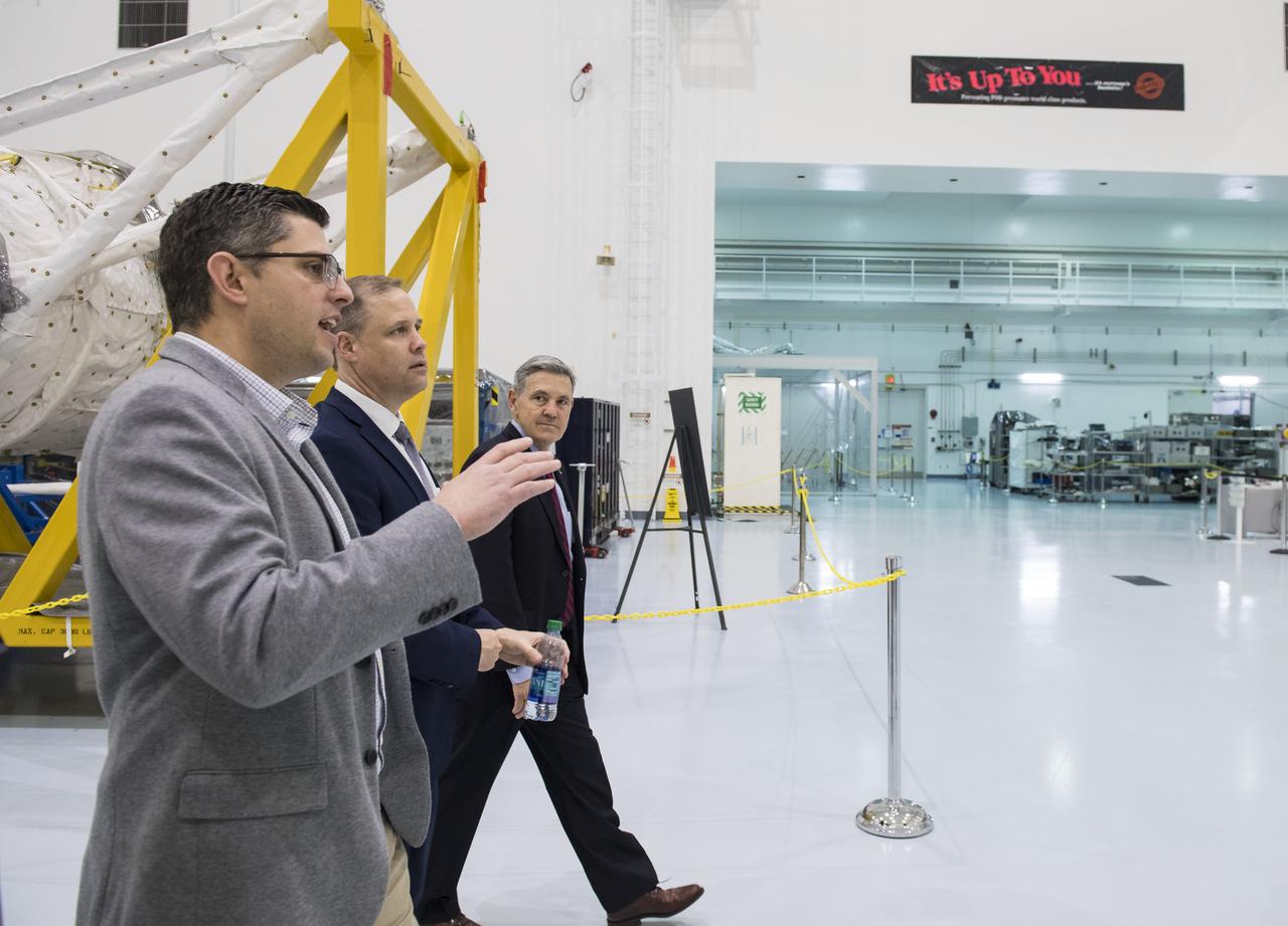Bill Pratt, Lockheed Martin NextSTEP program manager, left, NASA Administrator Jim Bridenstine, center, and Kennedy Space Center Director, Bob Cabana, right, walk through the Space Station Processing Facility High Bay to the Lockheed Martin Gateway habitat prototype, after an event about NASA’s progress toward sending astronauts to the Moon and on to Mars, Monday March 11, 2019 at Kennedy Space Center in Florida. For information on NASA's Moon to Mars plans, visit: www.nasa.gov/moontomars Photo credit: (NASA/Aubrey Gemignani)